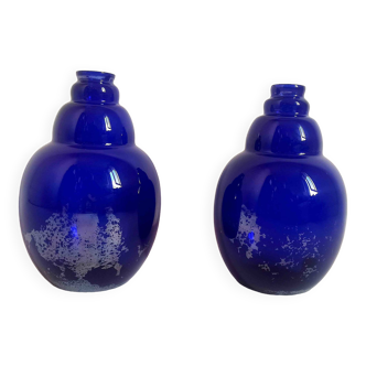 Pair of colbat blue art deco vase with silver leaf inclusions height 24 cm
