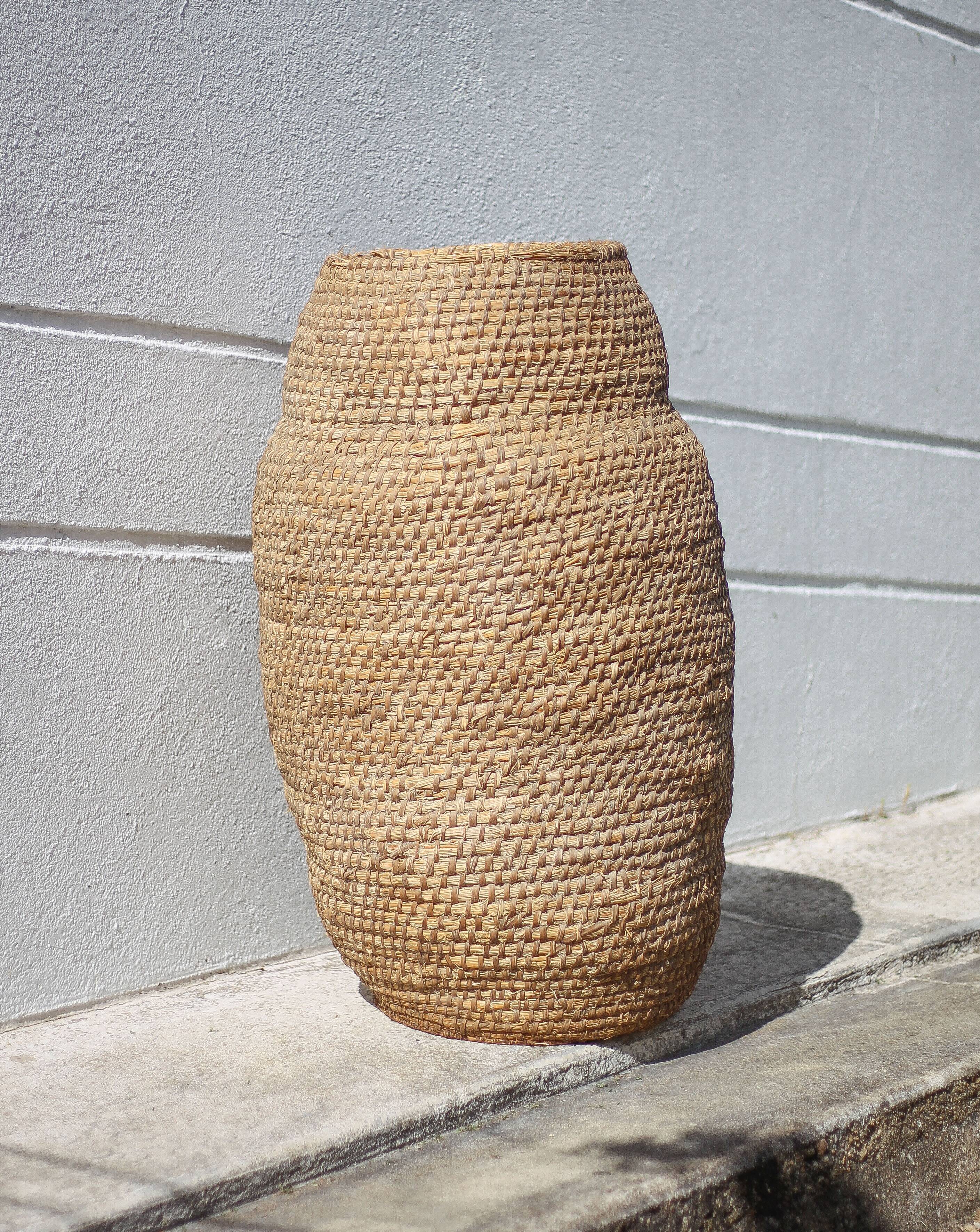 Large old basket, burgundy straw and bramble, woven basket