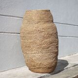 Large old basket, burgundy straw and bramble, woven basket