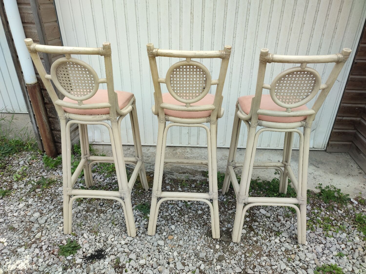 3 white stools vintage bar bamboo wicker rattan