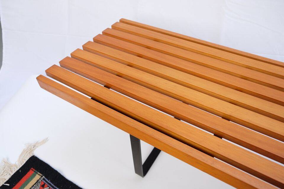 Bench in 60s-70s style, slatted bench, low seat, retro vintage style from the 60s-70s.