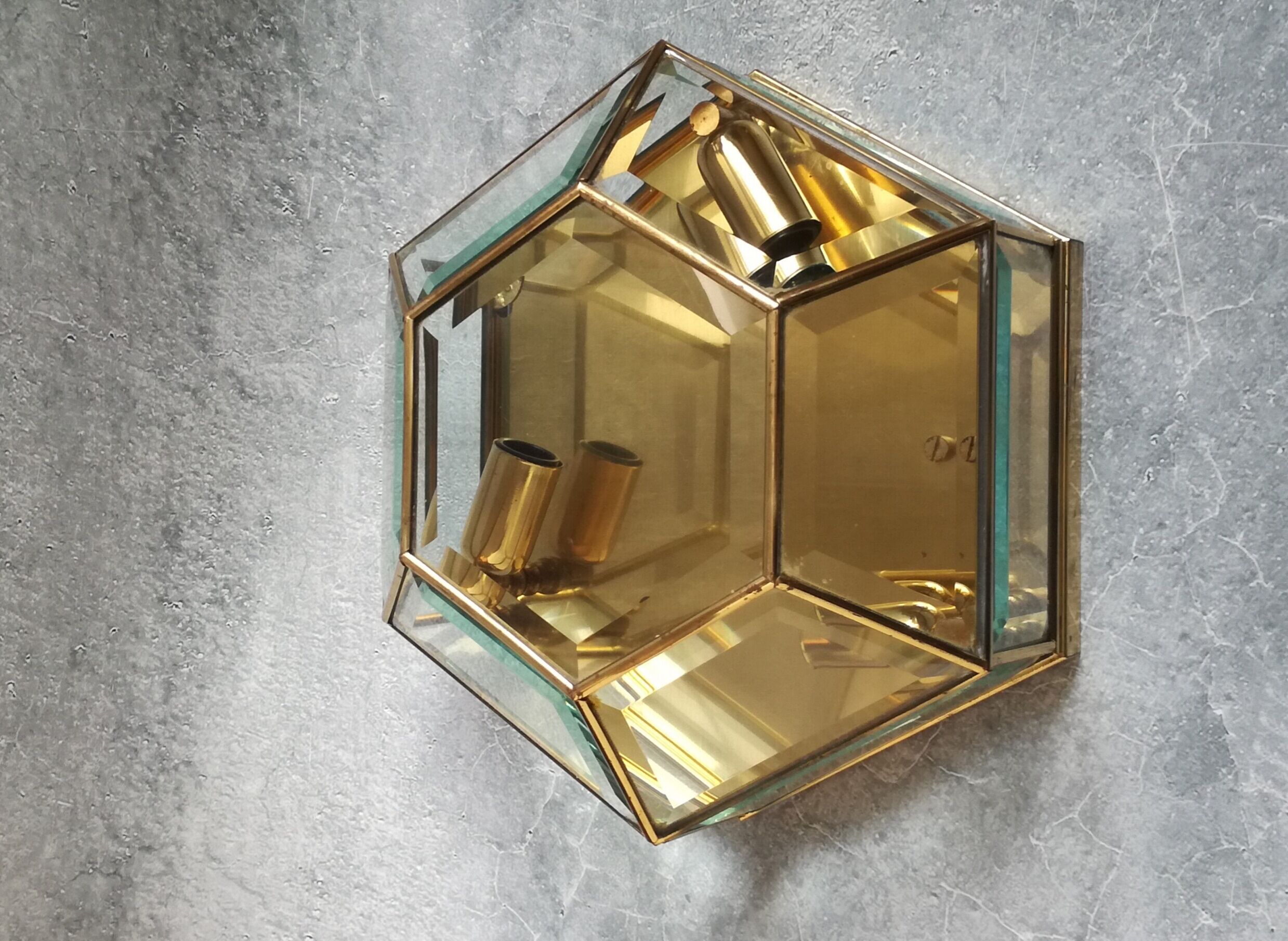 Hexagonal brass and bevelled glass ceiling light