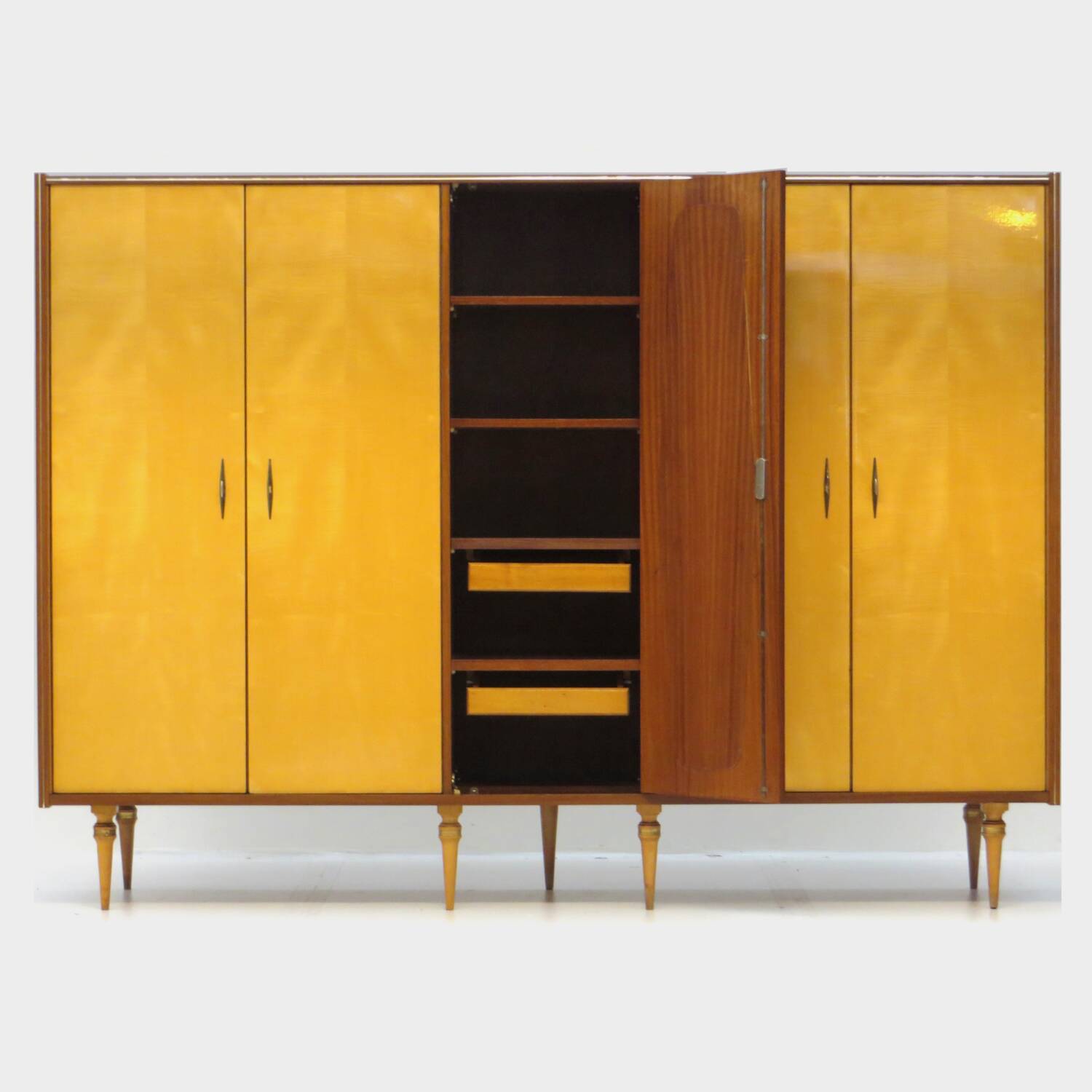 Large vintage mid century modern 5-door Wardrobe in Maple and Teak, 1950s