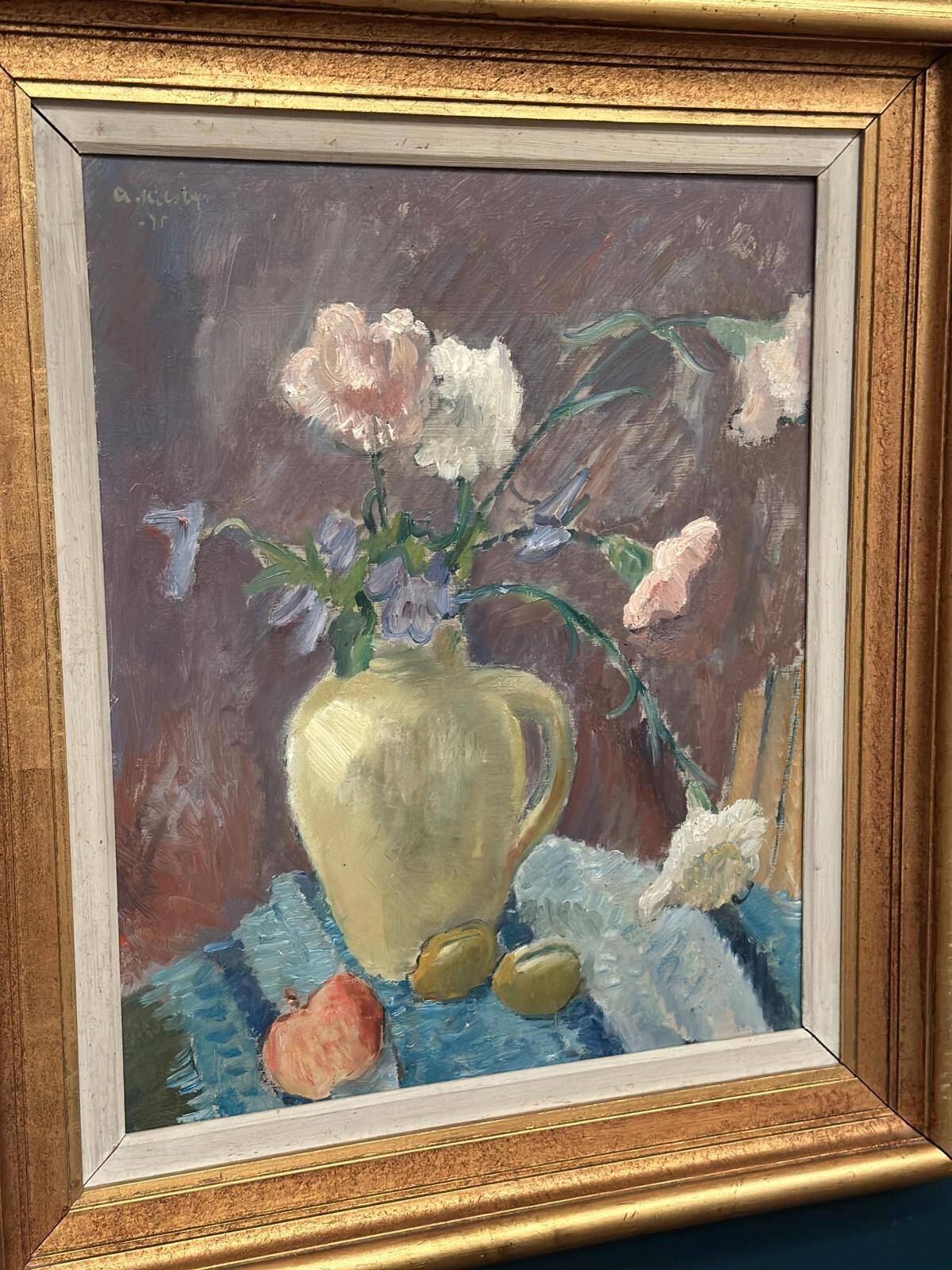 Huile sur panneau suédoise d'époque mi-siècle – "Stillben" par Arne Kilsby – Vintage et encadrée, datée de 1975 – 54 × 61 cm (21,3" × 24")