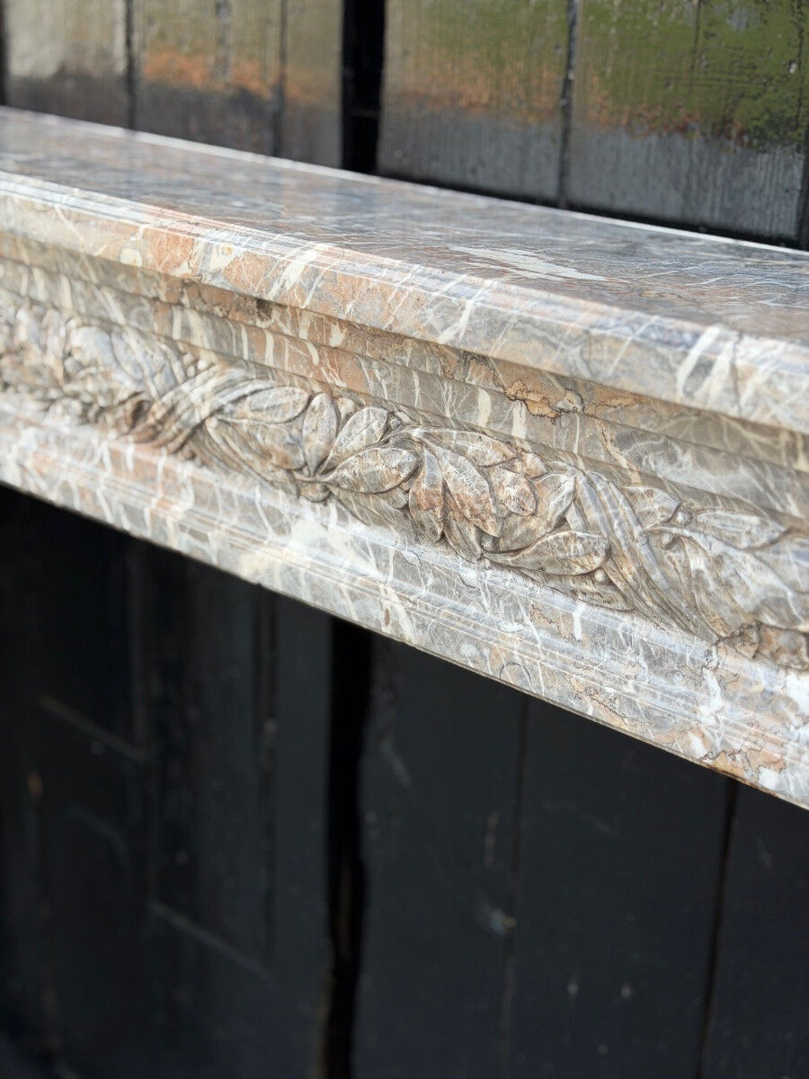 Louis XVI style fireplace in grey Ardennes marble, circa 1900.