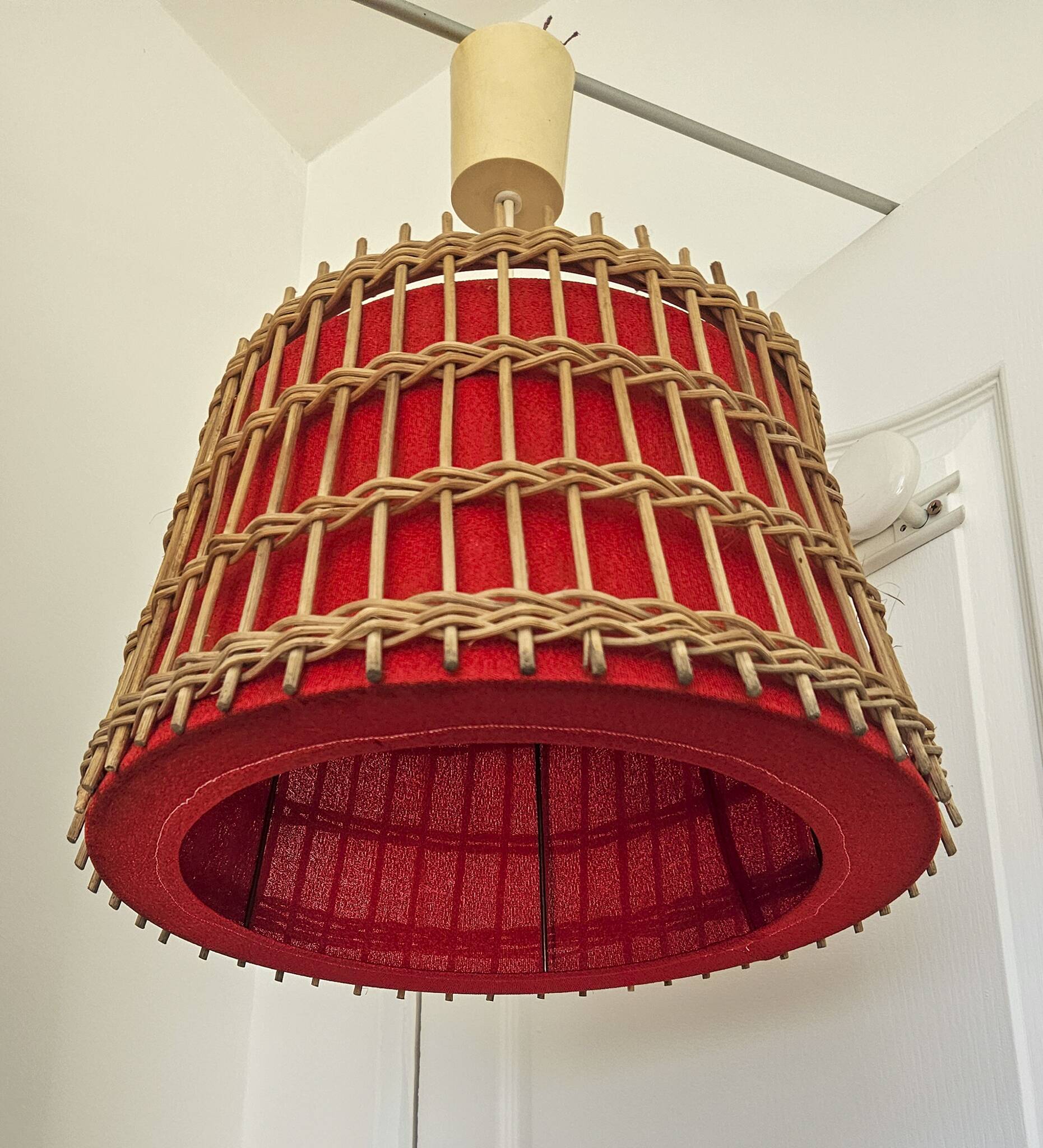Vintage rattan pendant light - red fabric interior shade from the 60s