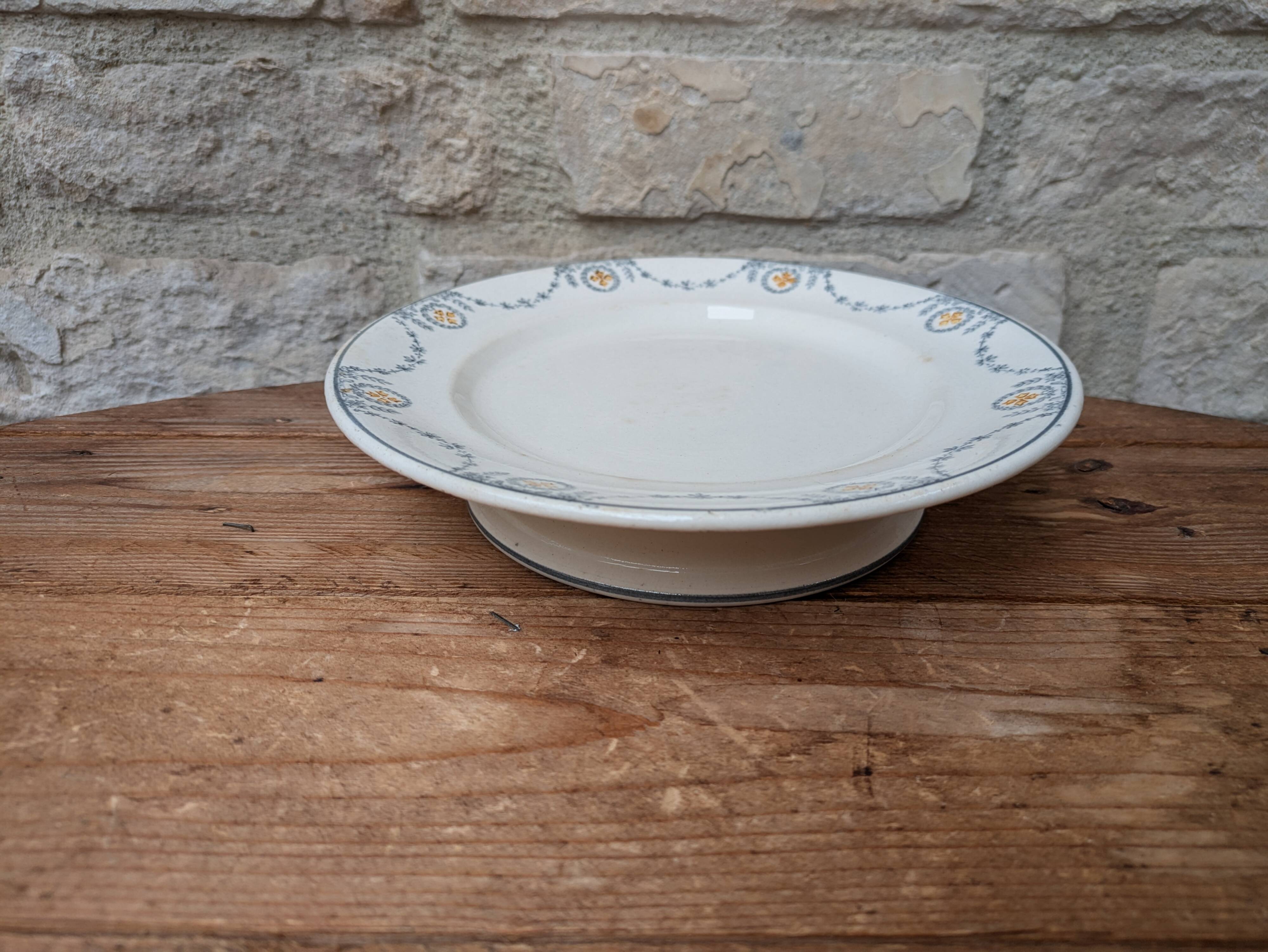 Old plate on pedestal serving dish Longwy Moselle model