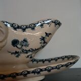 Old gravy boat on frame in terre de fer earthenware by gien, “chardons” model in blue-green