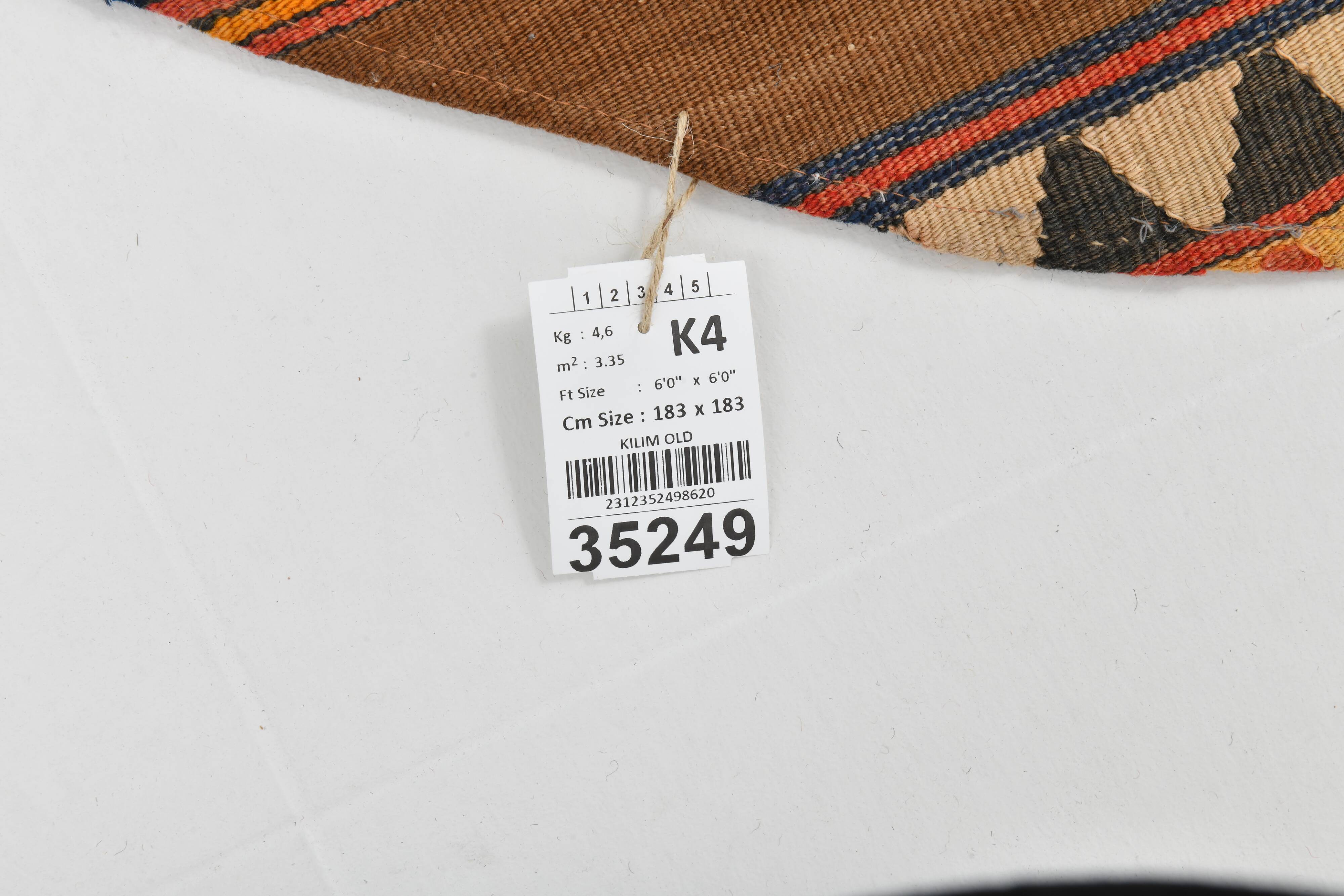 6x6 Orange & Brown Circle Striped Pattern Kilim Area Rug, 183x183Cm