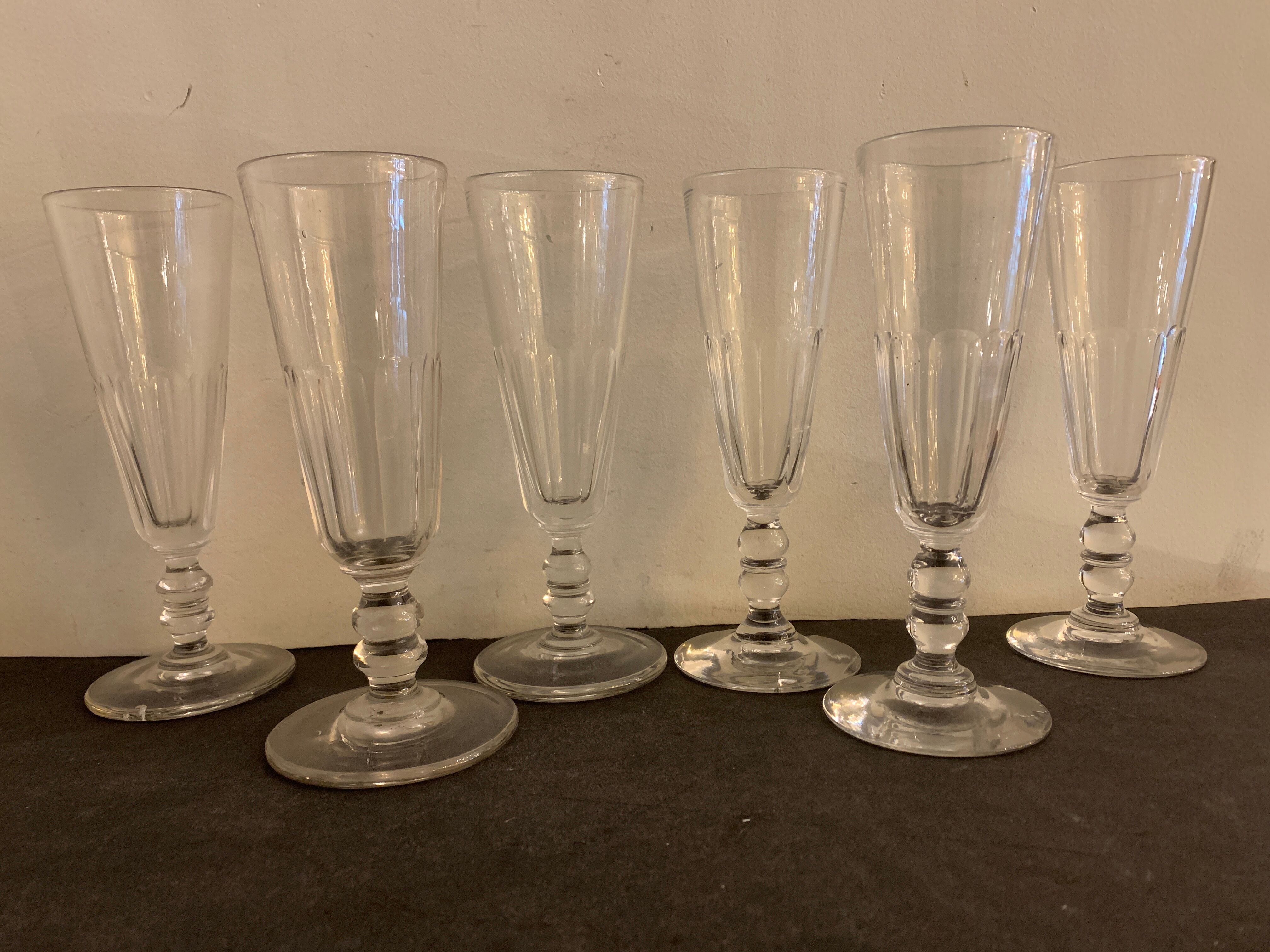 6 antique champagne flutes with cut sides