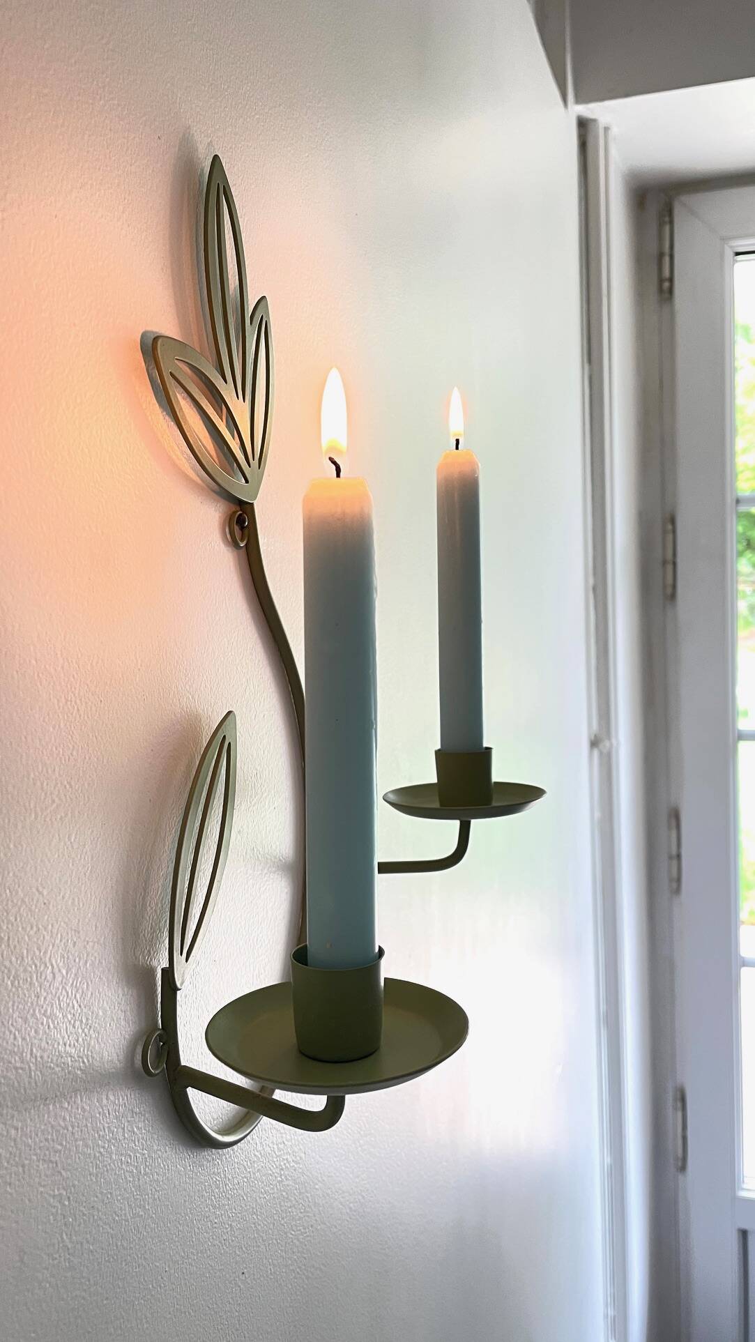 Wall Candle Holder, Green Metal Leaves