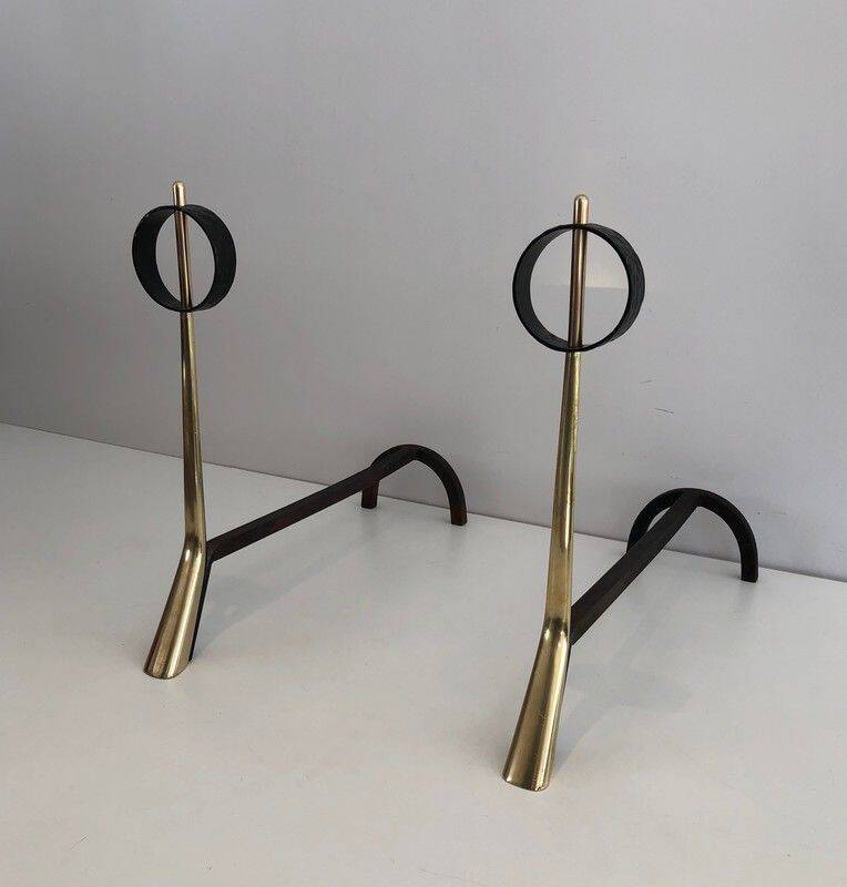 Pair of modernist bronze and wrought iron andirons