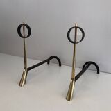 Pair of modernist bronze and wrought iron andirons
