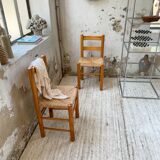 Pair of straw and pine chairs, mountain furniture