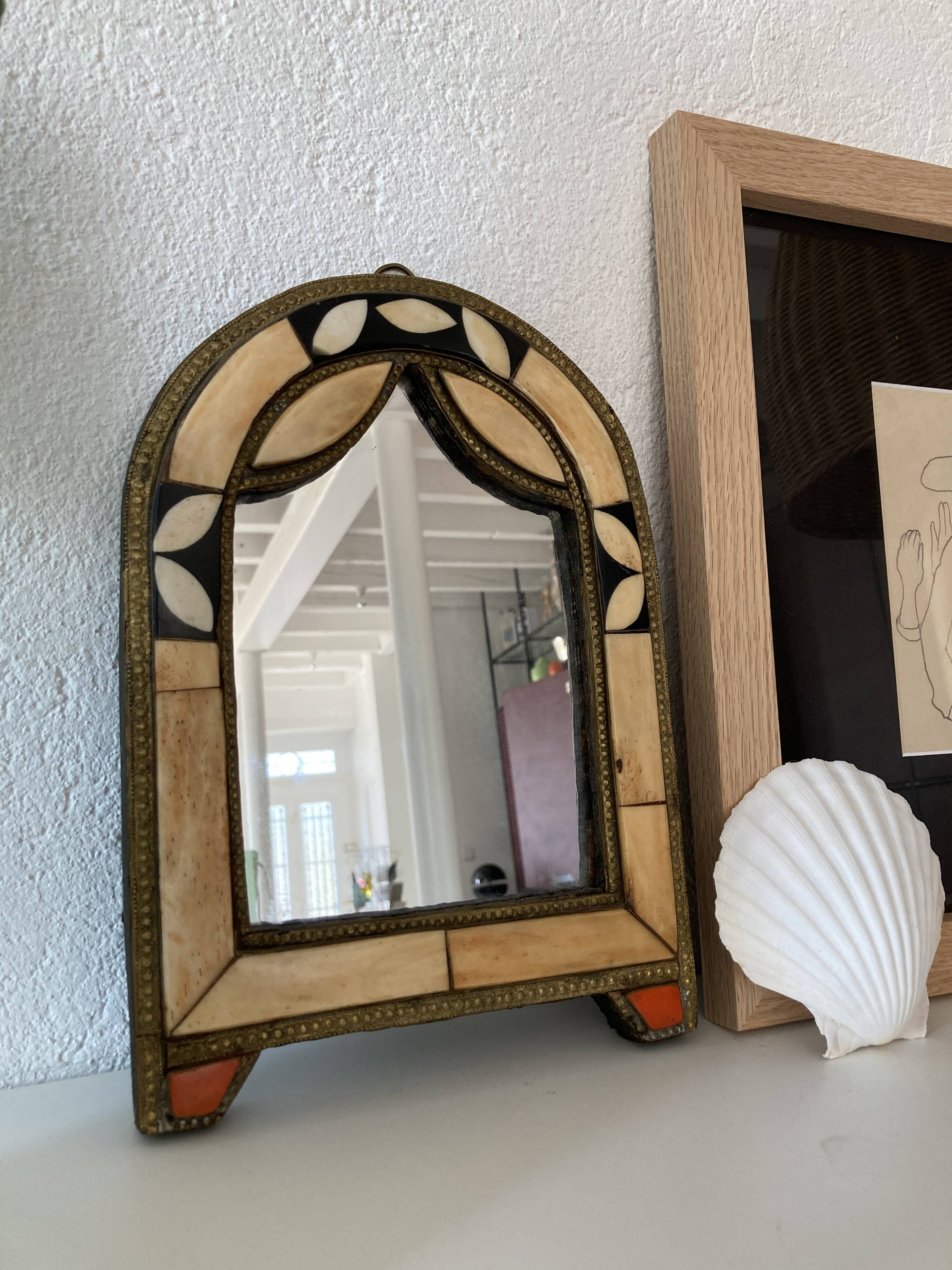 Vintage mirror bohemian metal and horn - 28x19cm