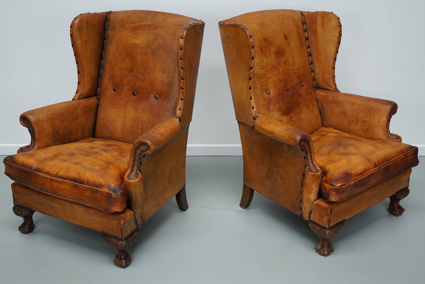 Old Patinated Dutch Cognac Colored Leather Club Chair, Set of 2