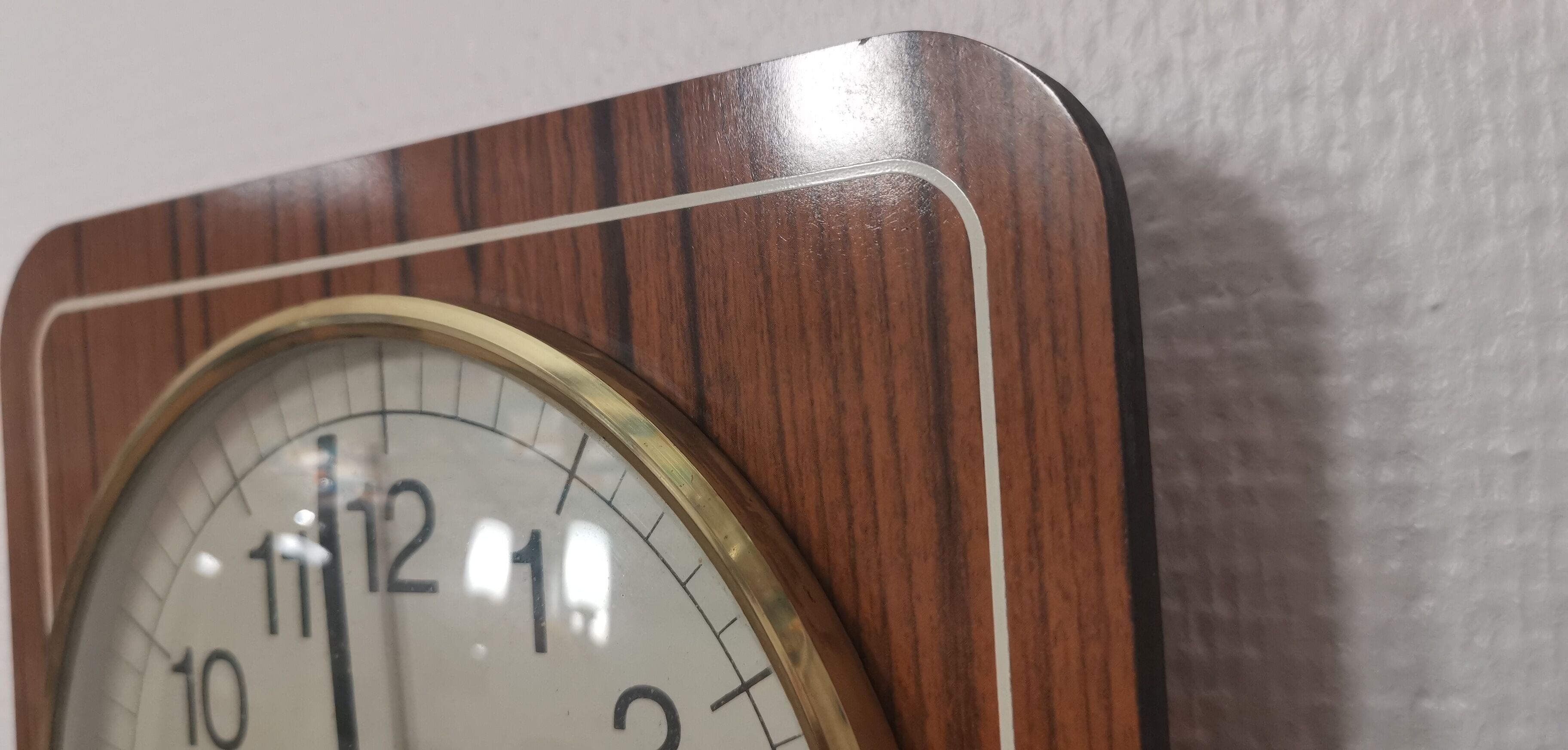 Old wall clock jaz quartz wall clock in formica brown 1960s