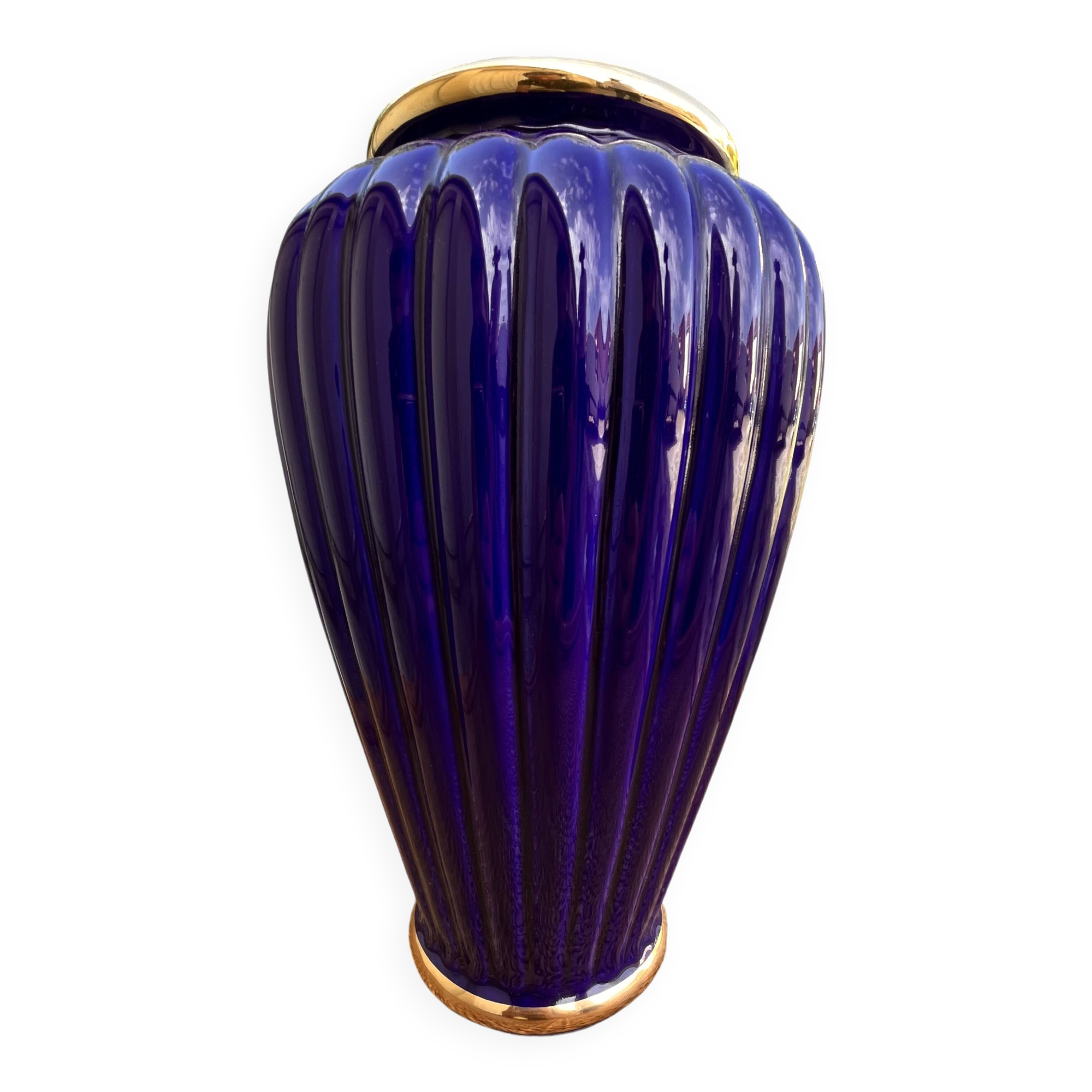 Large Glazed Ceramic Vase in Cobalt Blue with a Gold Trim and a Felt Base