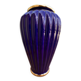 Large Glazed Ceramic Vase in Cobalt Blue with a Gold Trim and a Felt Base