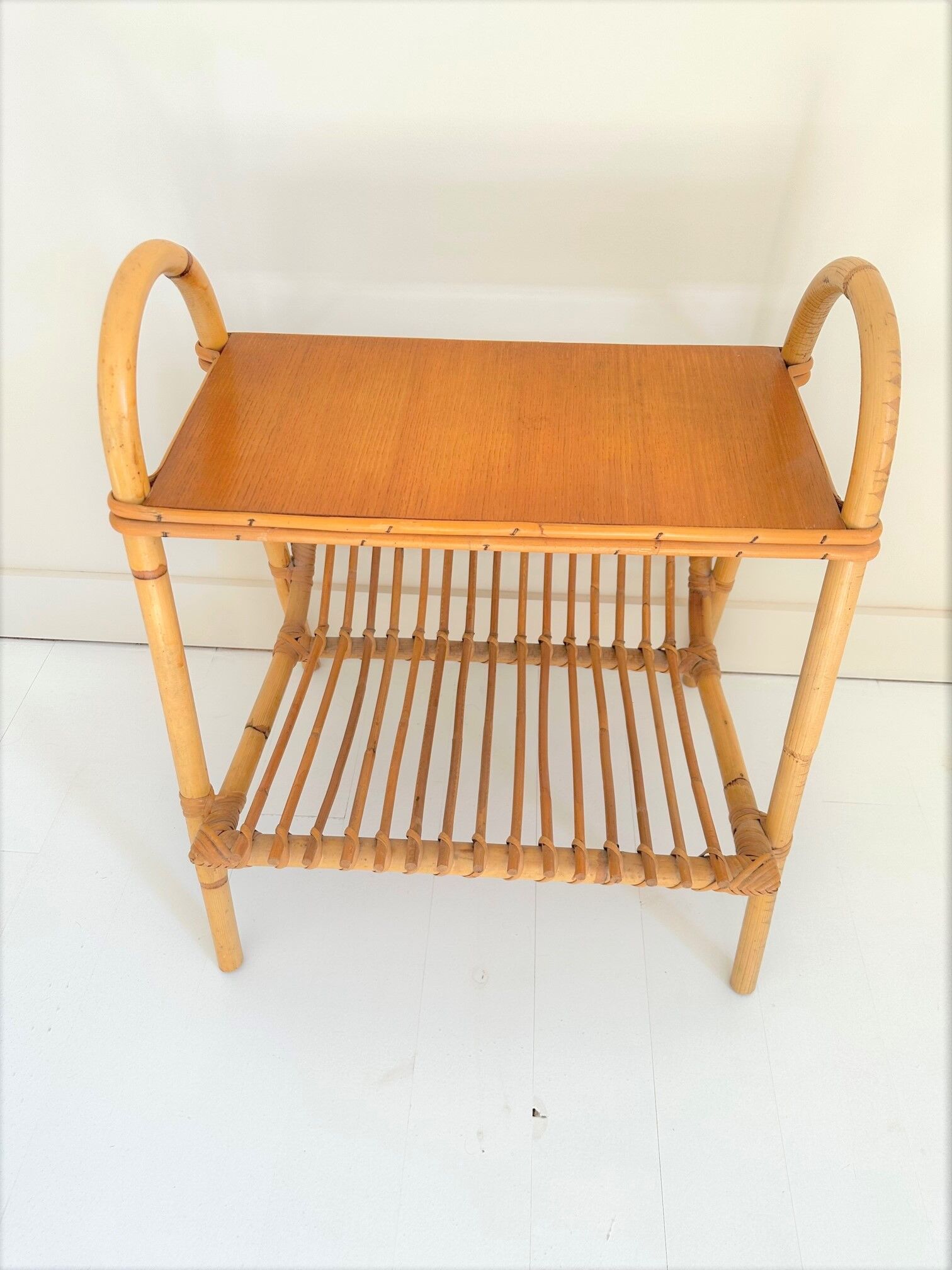Magazine rack with vintage rattan top