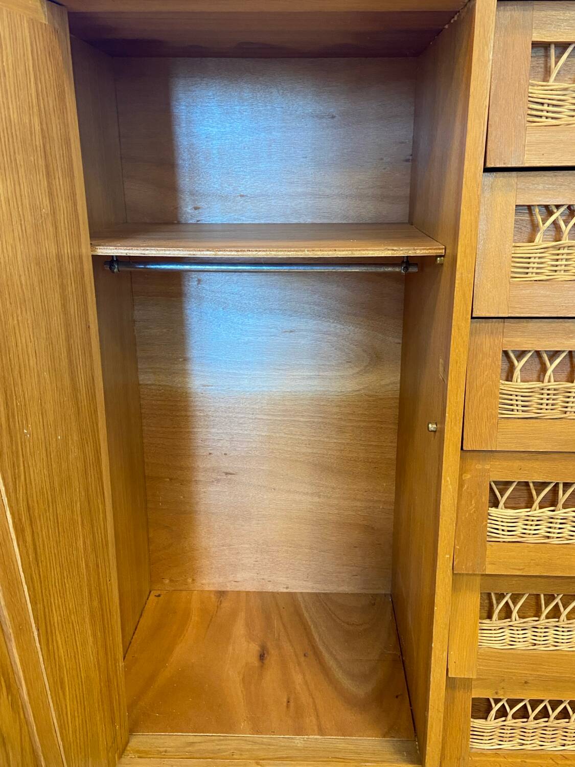 Wood and rattan chest of drawers and wardrobe