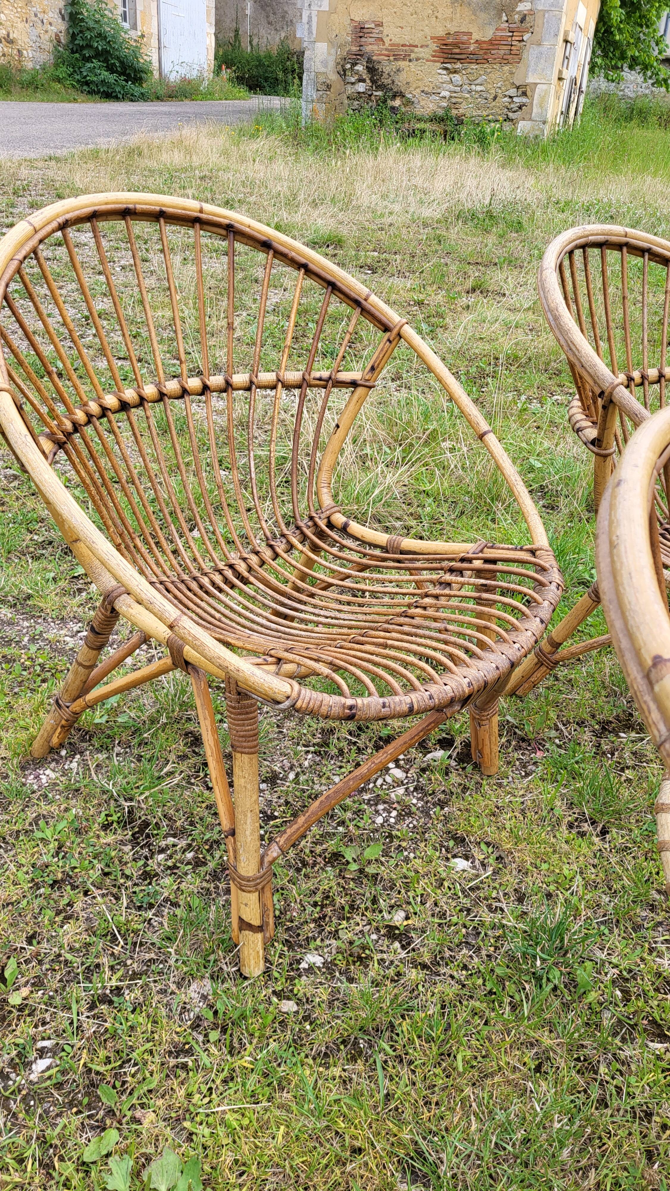 4 "shell" rattan armchairs 1960's