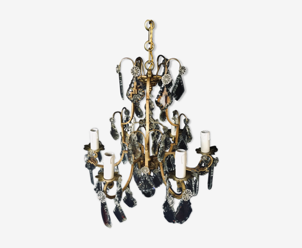 Lustre cage 6 lumières en bronze et cristal