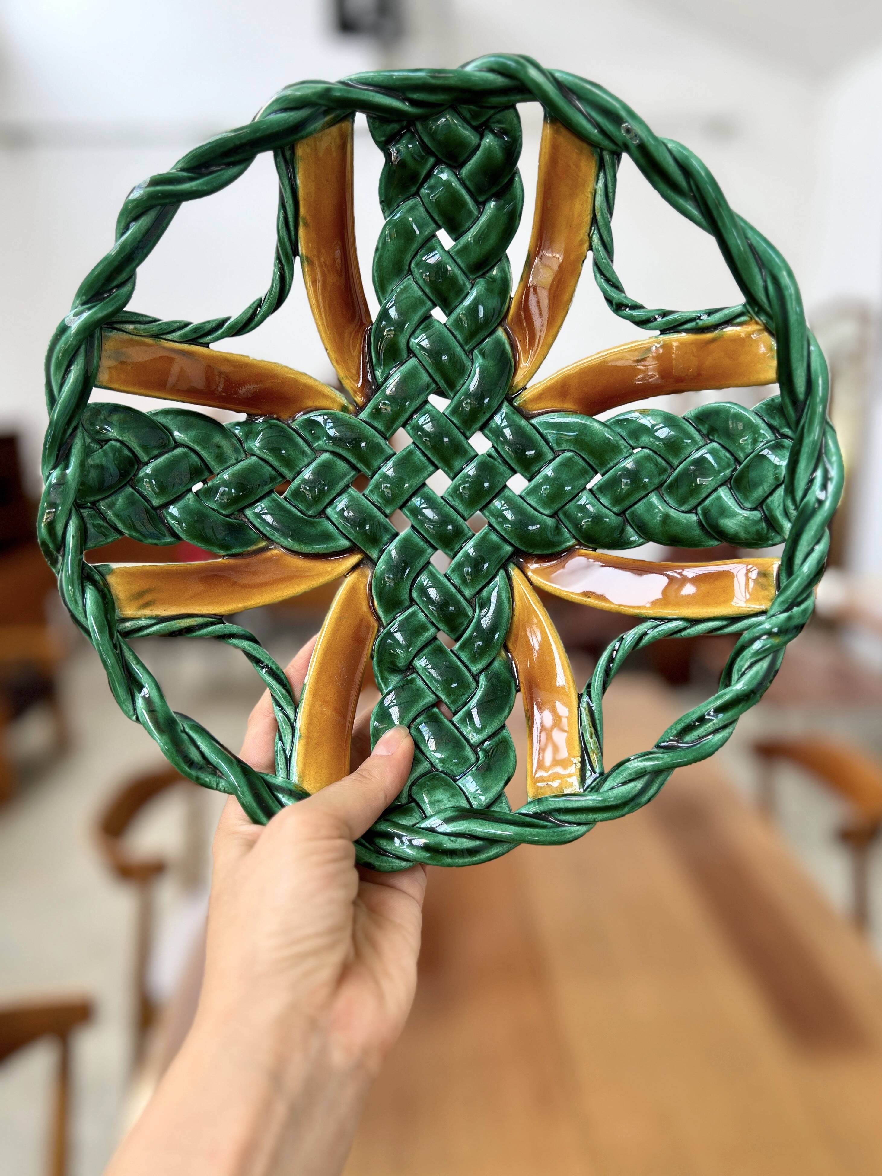 50s green braided barbotine fruit bowl