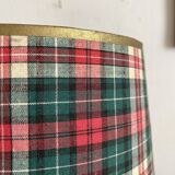 Turned wooden lamp, tartan lampshade.