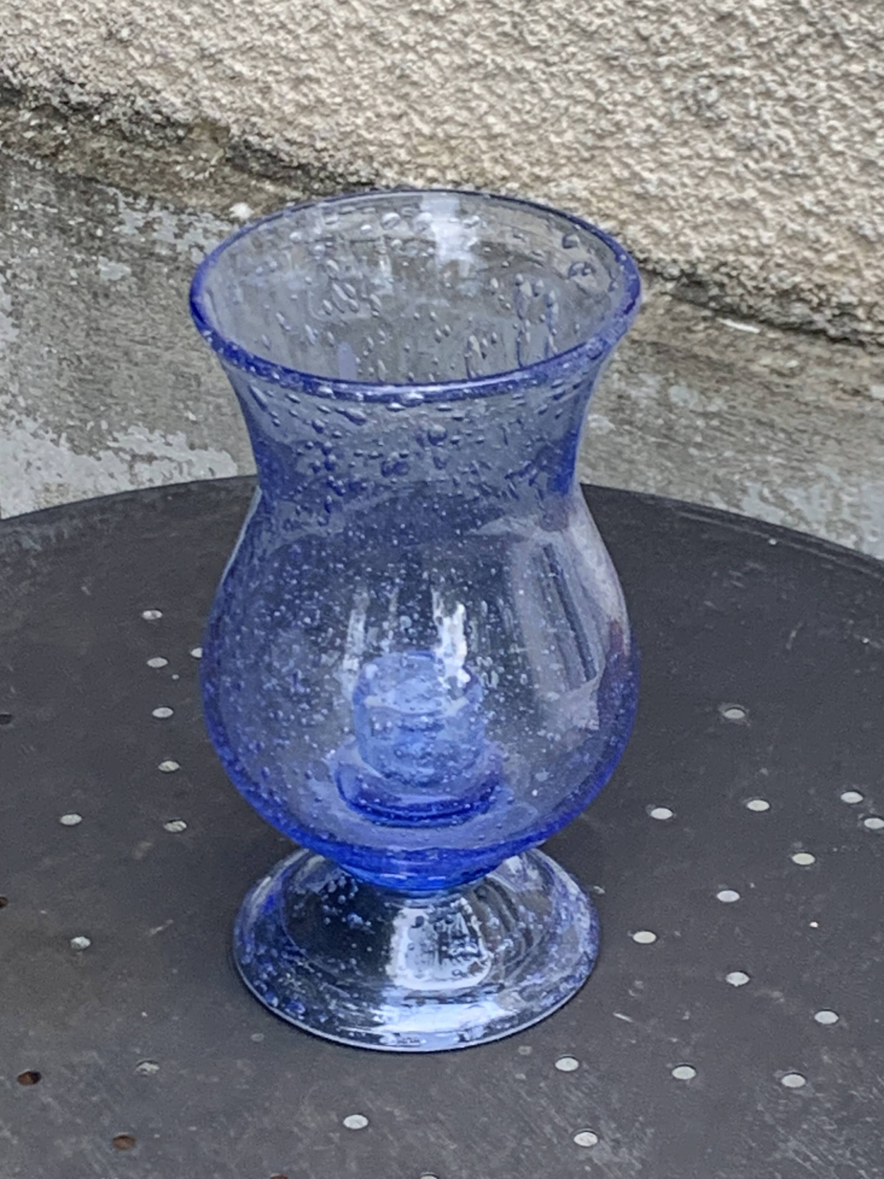Tealight holder, lavender blue blown glass candle holder from biot glassworks,