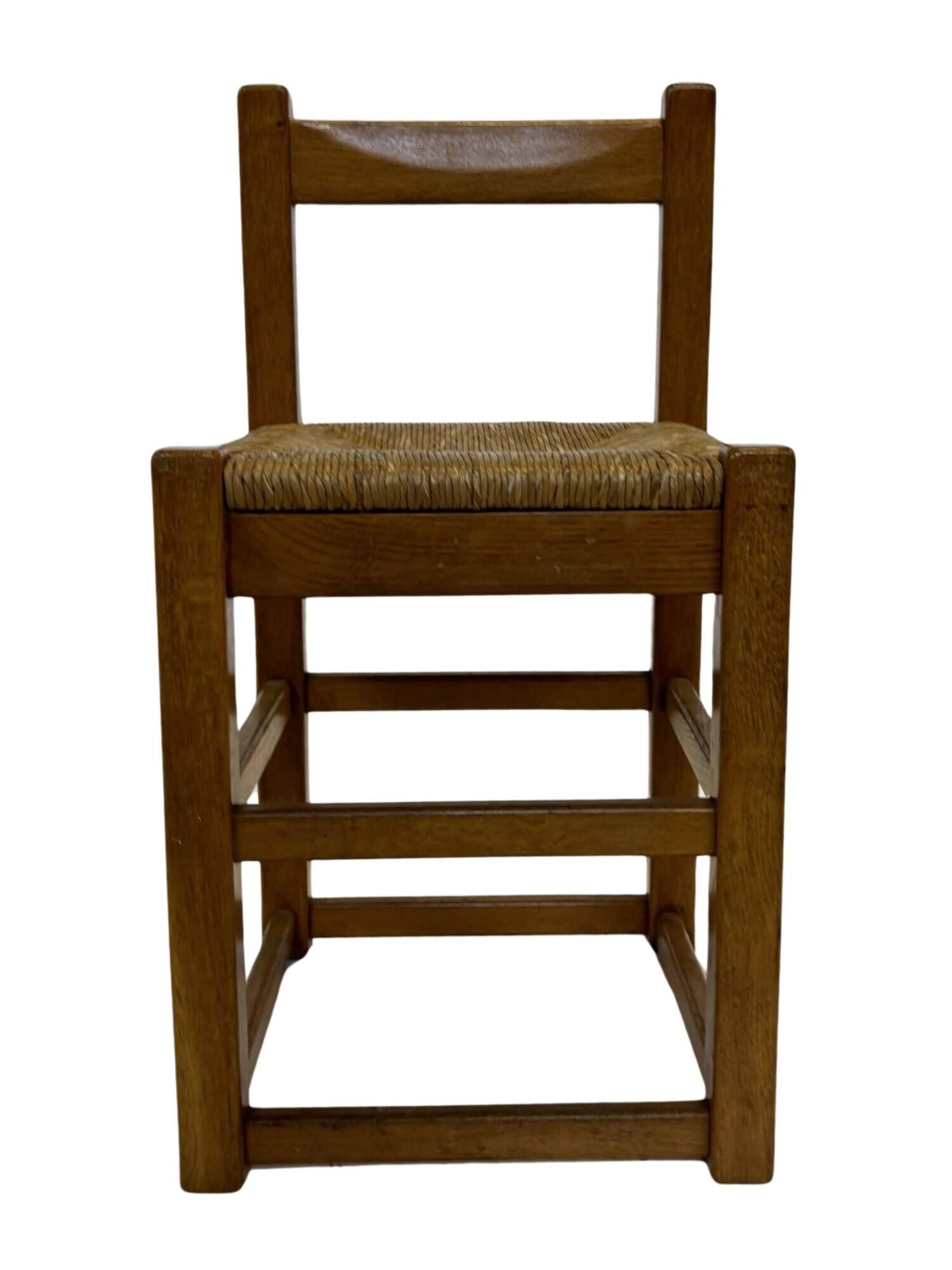 Set of four vintage chairs / stool - brutalist style minimalist oak and wicker 60s