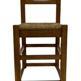 Set of four vintage chairs / stool - brutalist style minimalist oak and wicker 60s