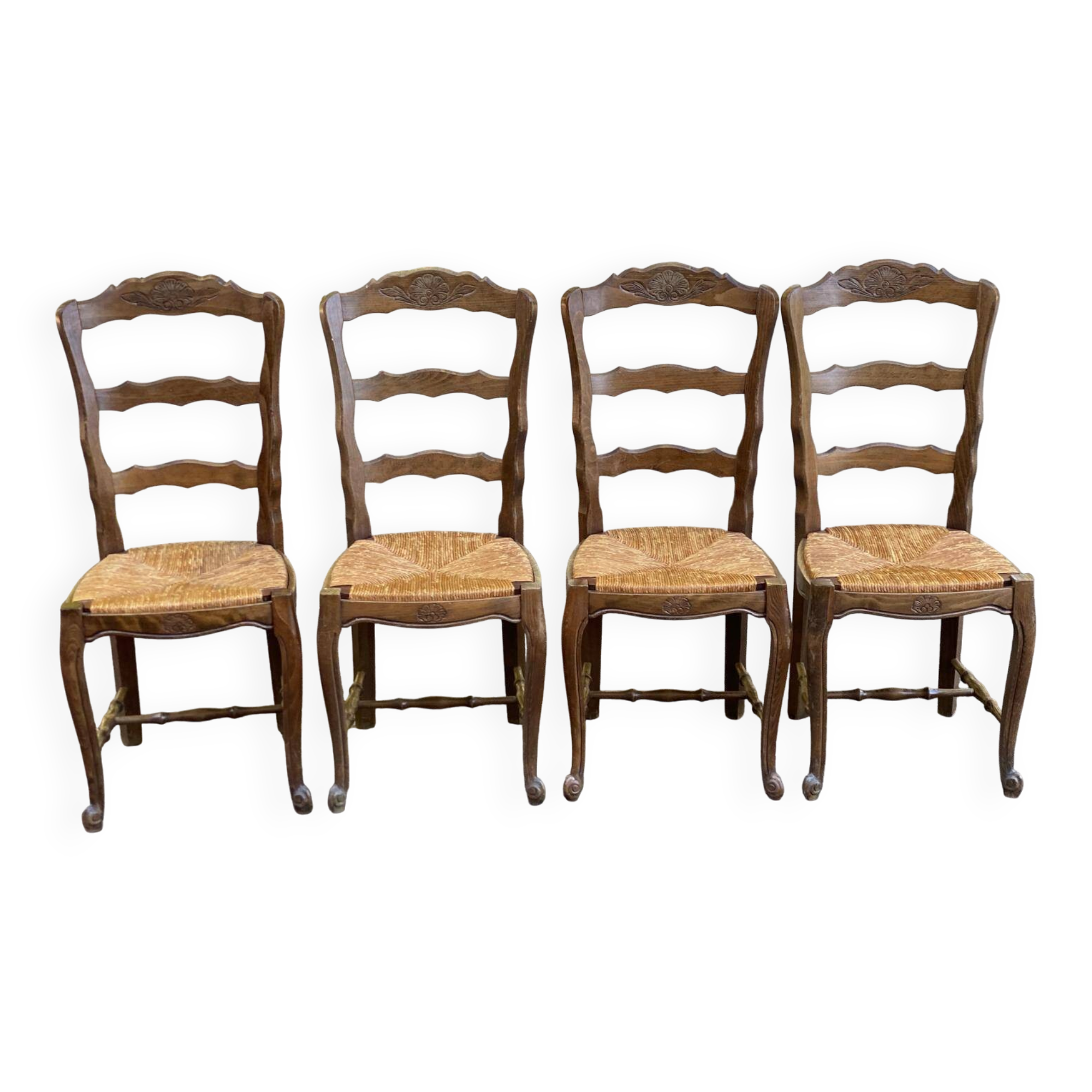 Set of 4 Vintage BAUMANN Chairs in Solid Wood with Rush Seating, Louis XV Style