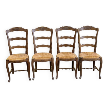 Set of 4 Vintage BAUMANN Chairs in Solid Wood with Rush Seating, Louis XV Style