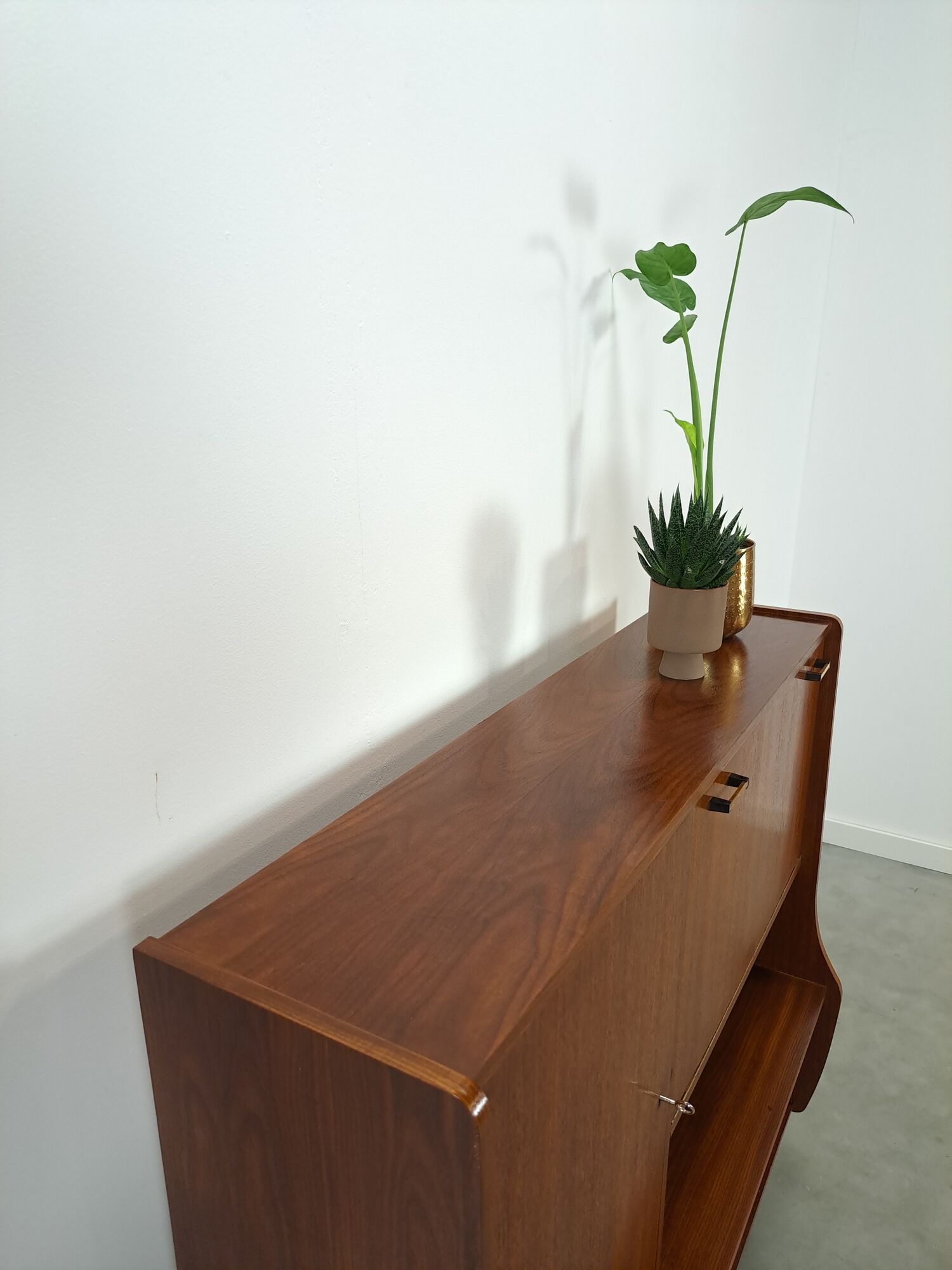 Teak veneer wall cabinet with flap, bar cabinet vintage