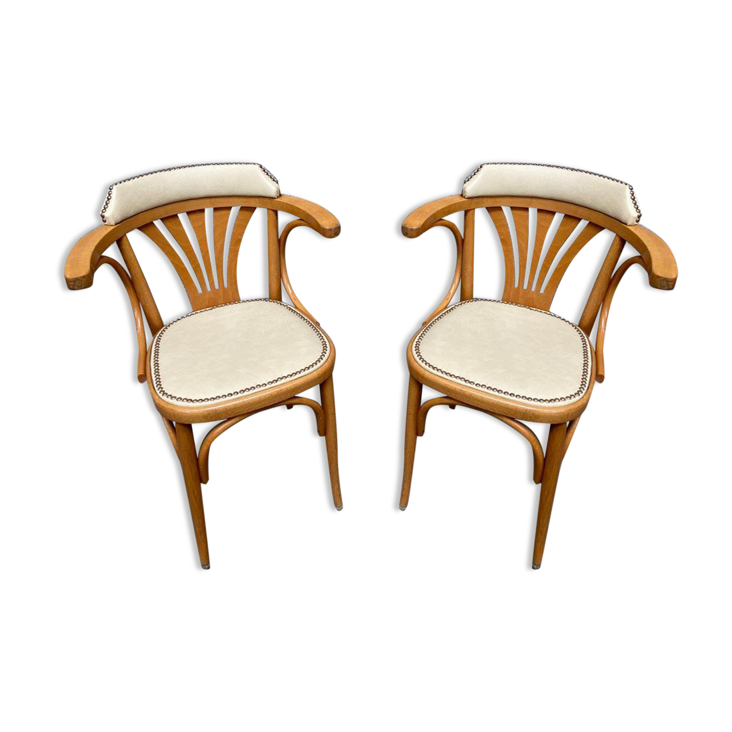 Pair of vintage curved wood restaurant armchairs