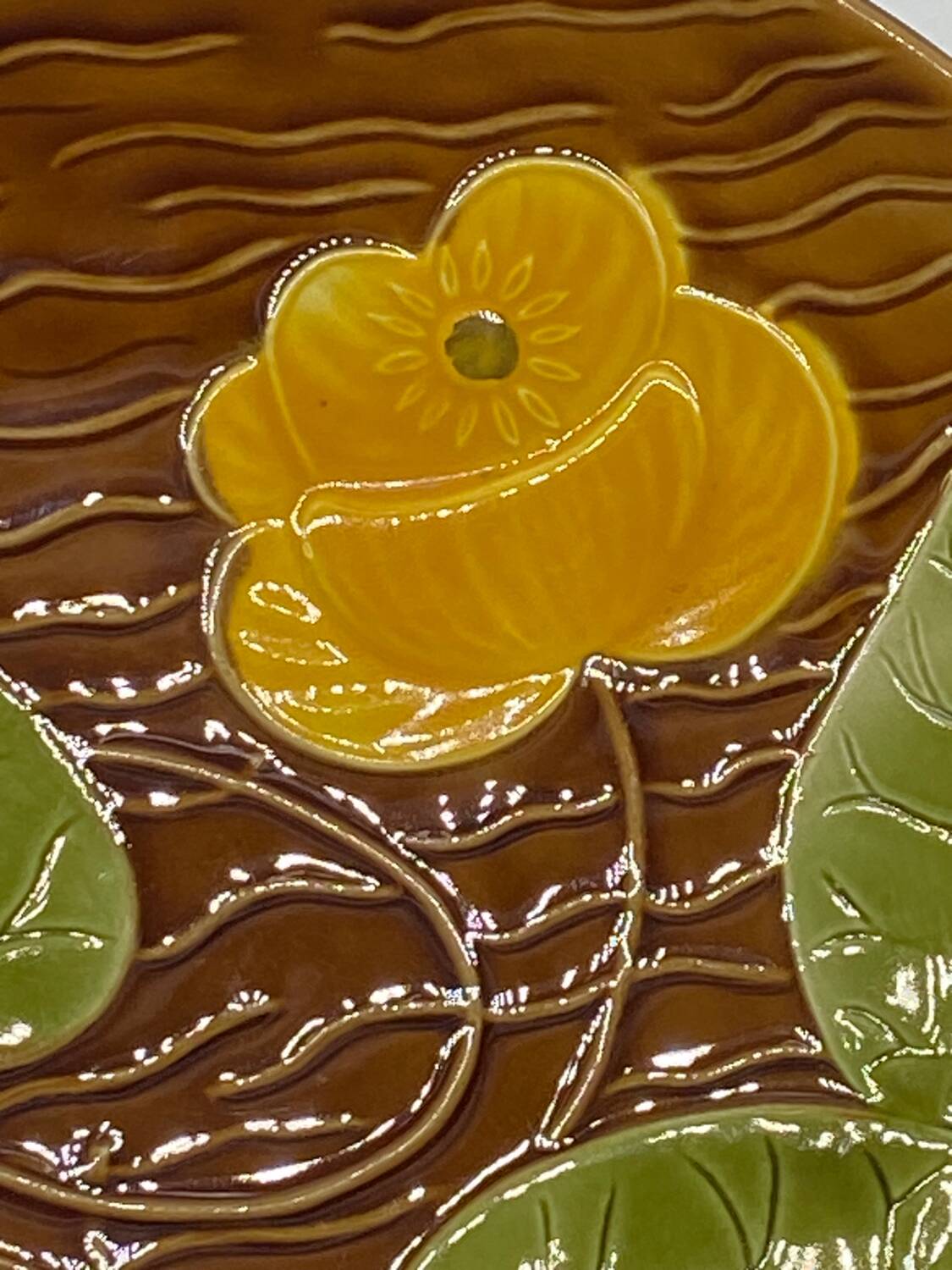 Ceramic dish, Sarreguemines France vintage, yellow flower