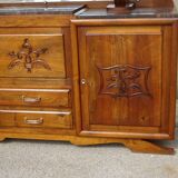 Solid walnut sideboard, moustache legs, black marble top.