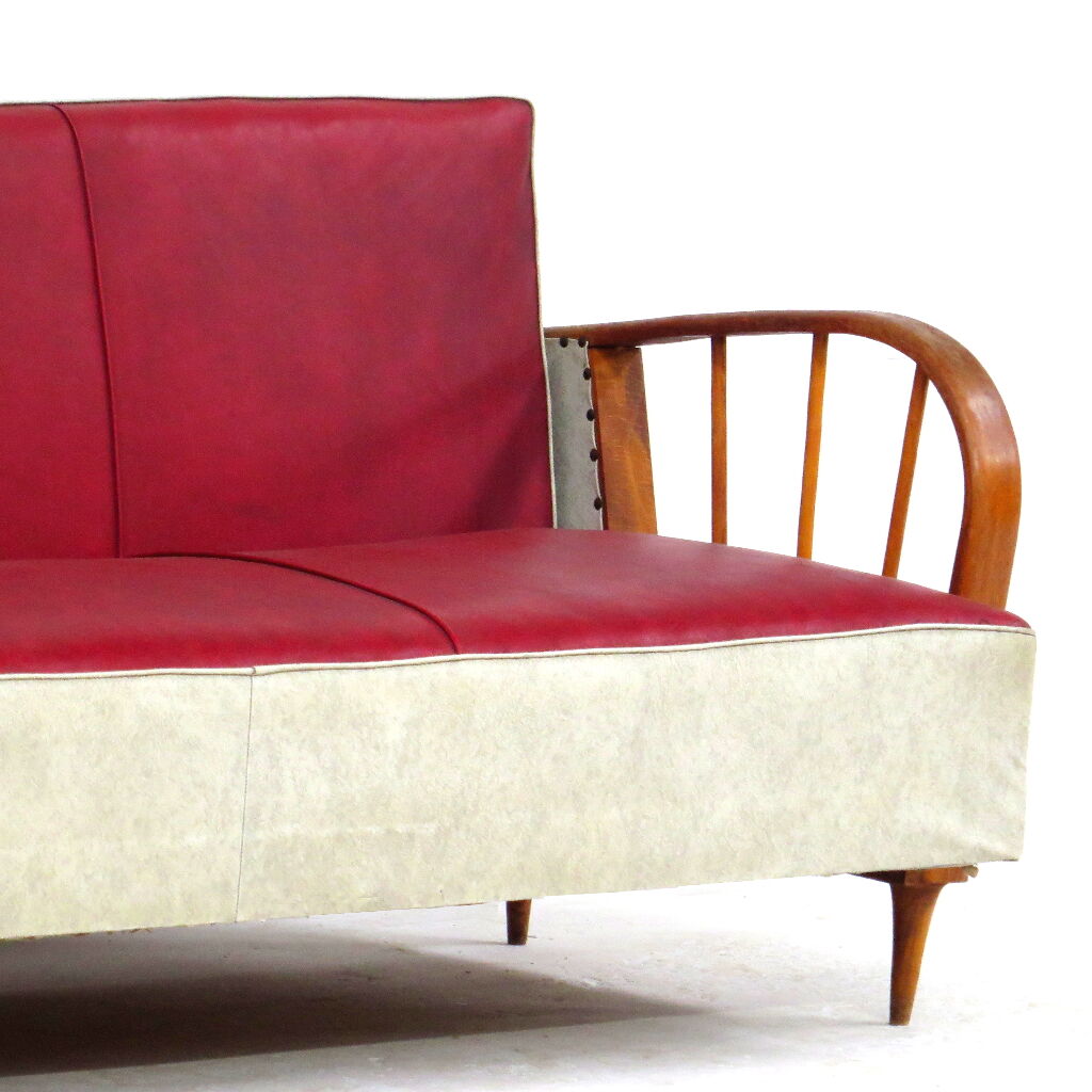 1950s vintage mid century sofa bed in red & creme leatherette