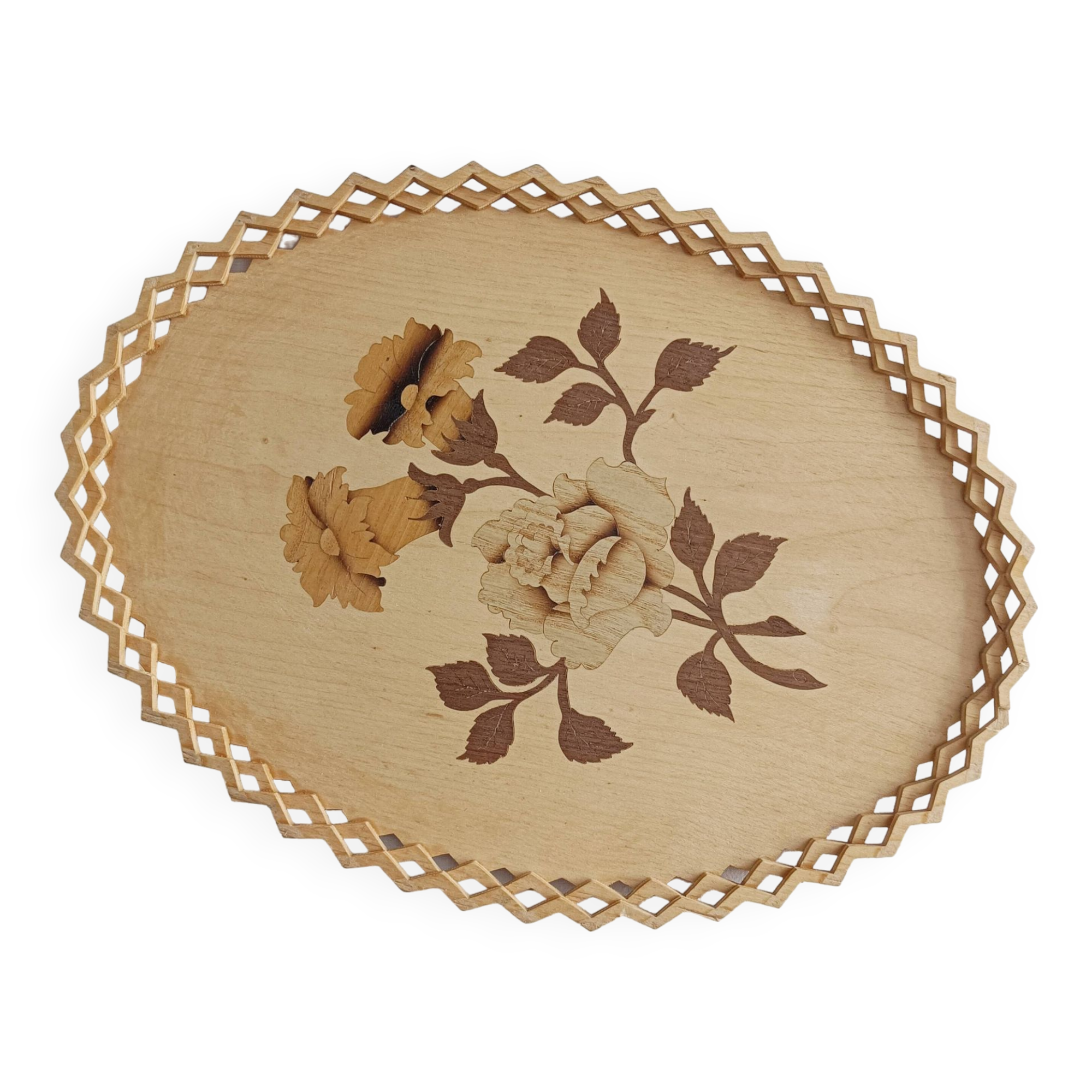 Plateau en bois, motif fleur