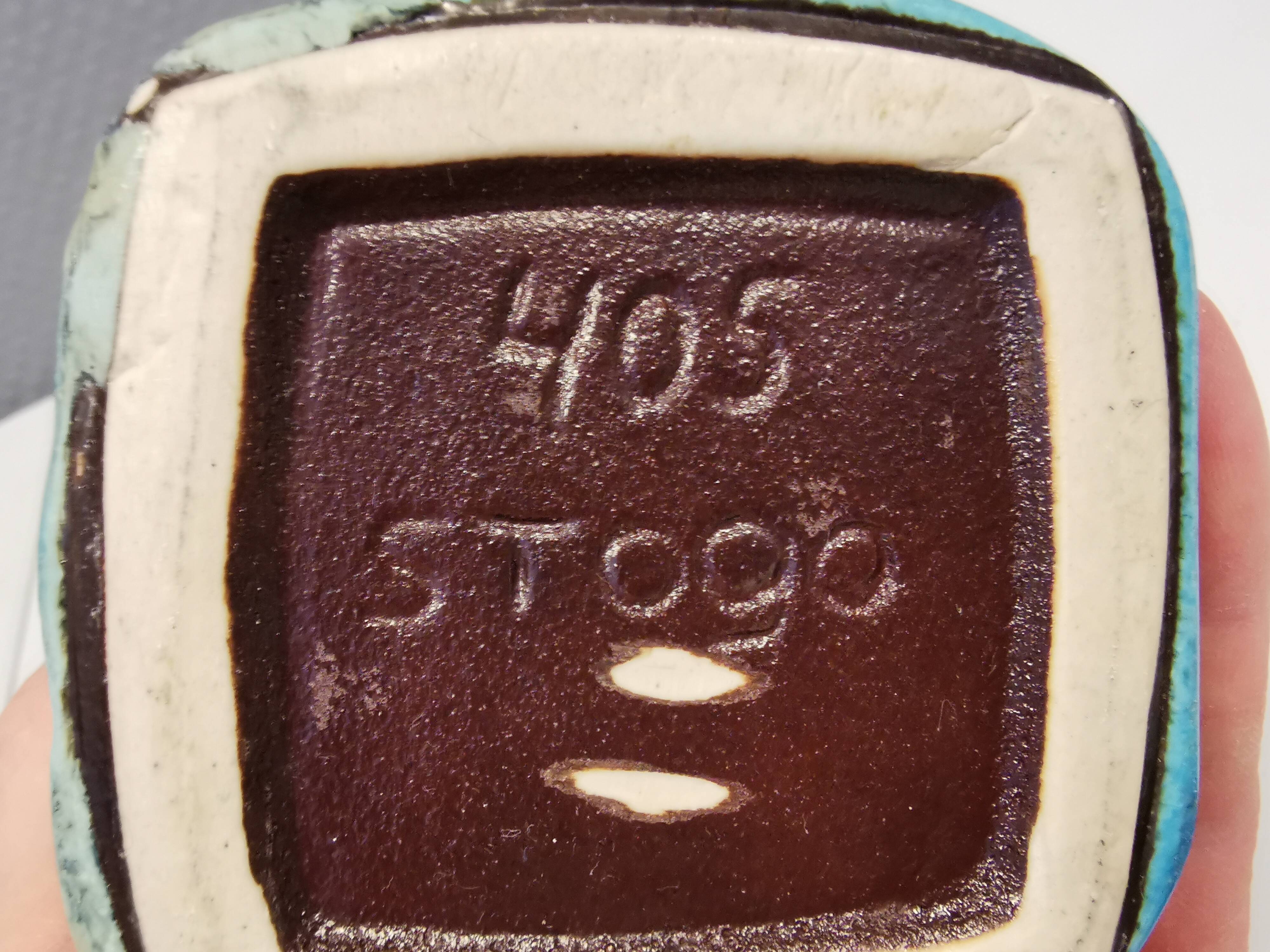 Vase in several shades of blue, from Danish Stogo art pottery. Estimated 1970-1980s