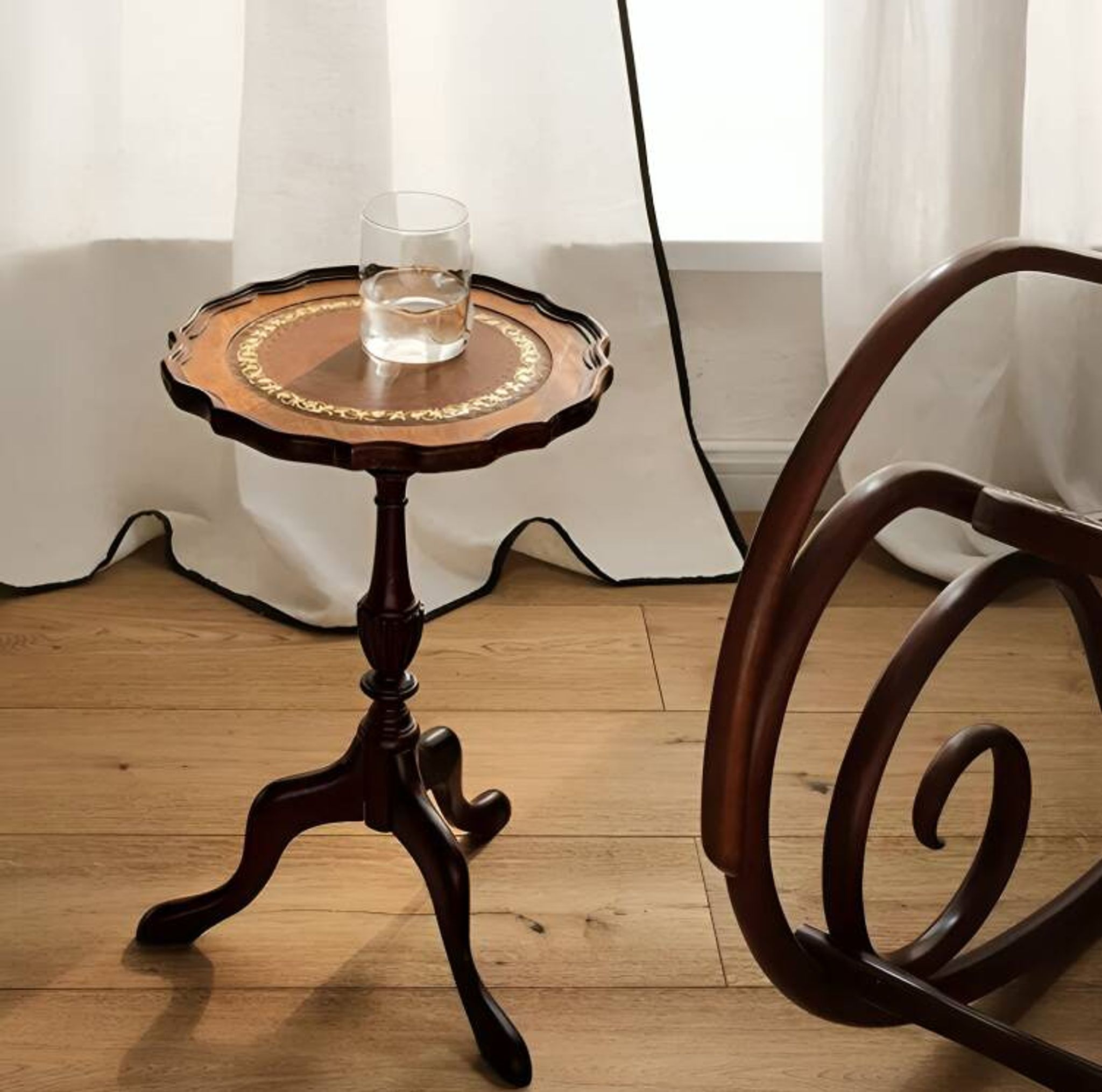 Antique Circular Rattan Wood Coffee Table, Traditional French Style, Narrow Accent Table