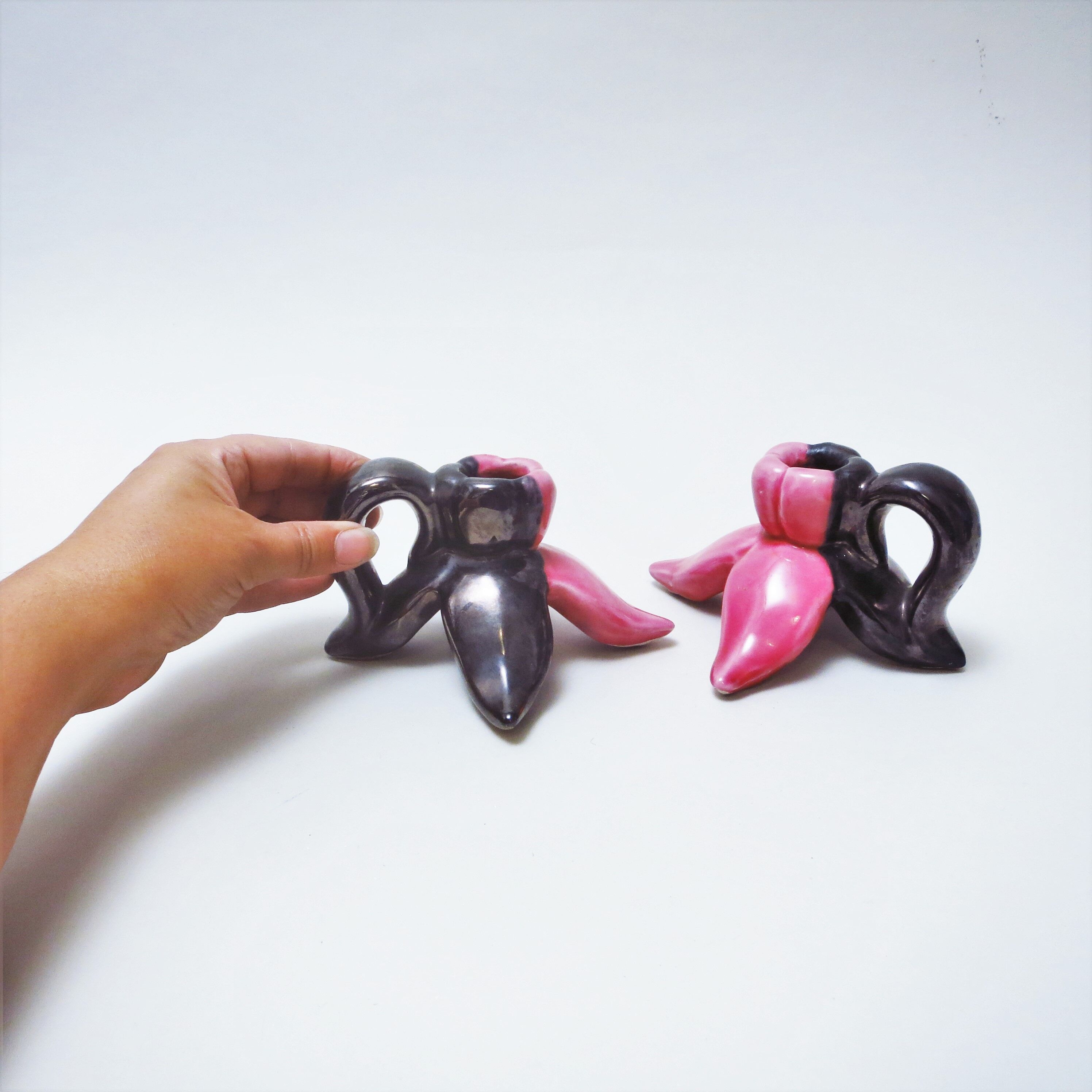 Pair of two-tone ceramic candle holders from Vallauris 50s