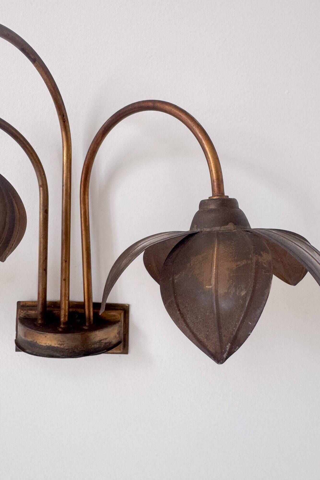 Vintage brass wall light with three branches, floral pattern, France, 1970.