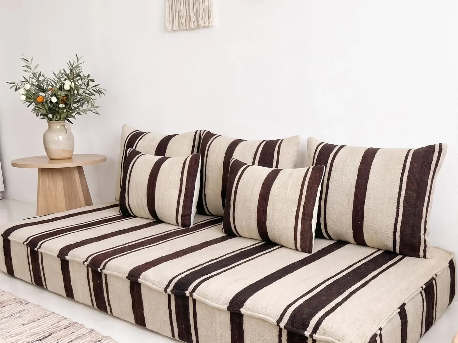 Brown striped kilim floor cushion – handwoven wool, cream base