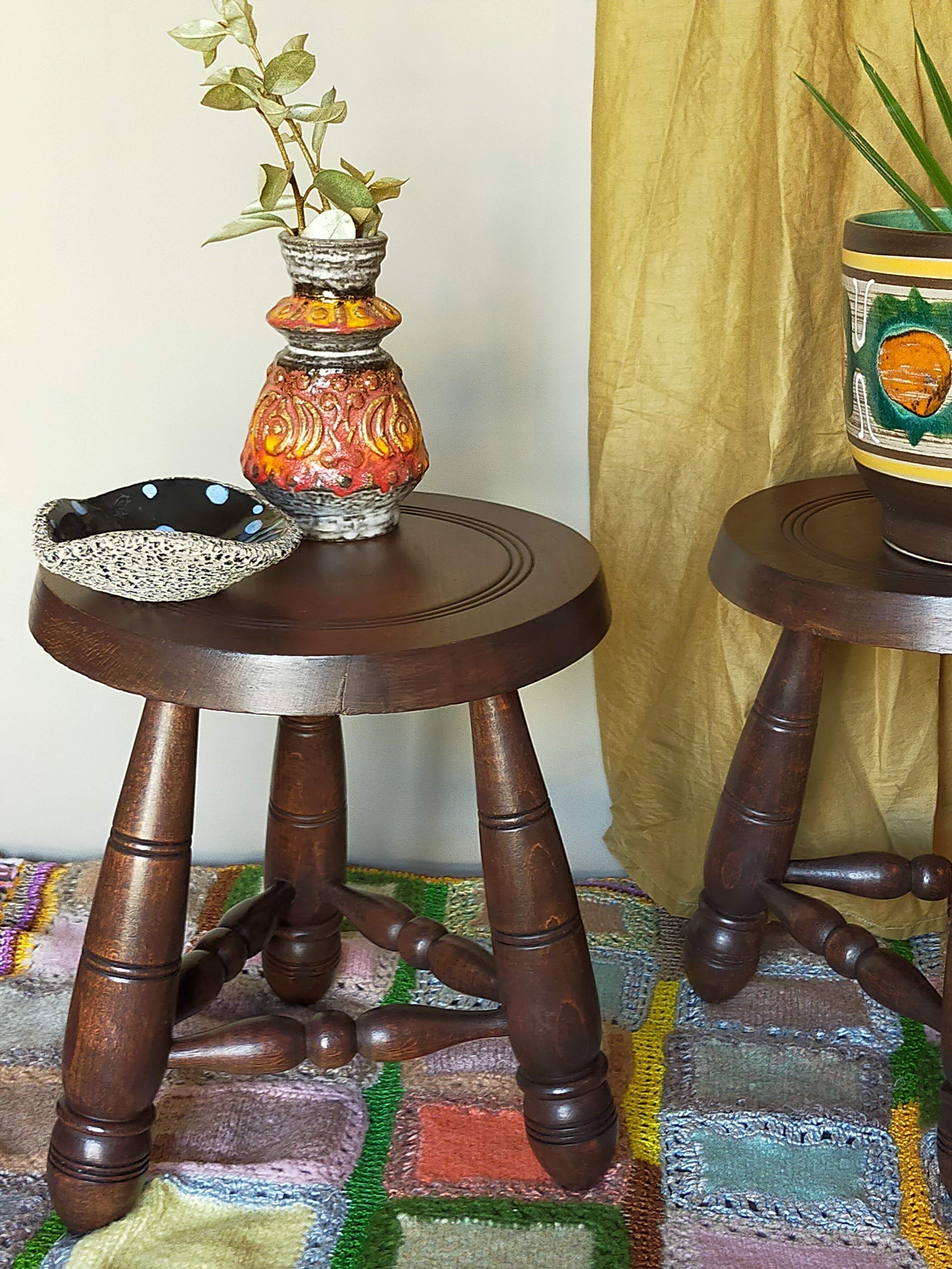 Pair of vintage wooden tripods stools