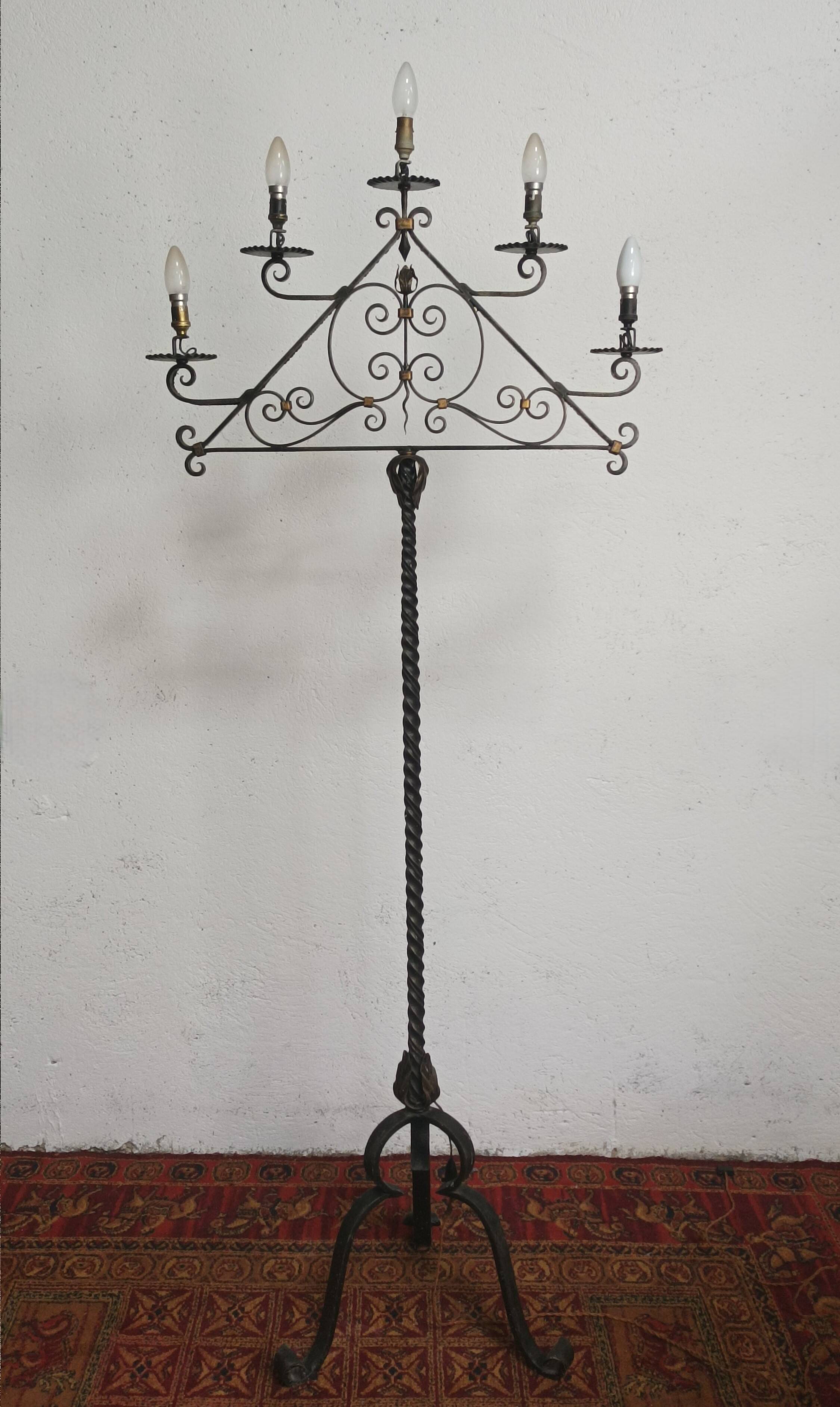 Wrought iron floor lamp with 5 light arms, 1940