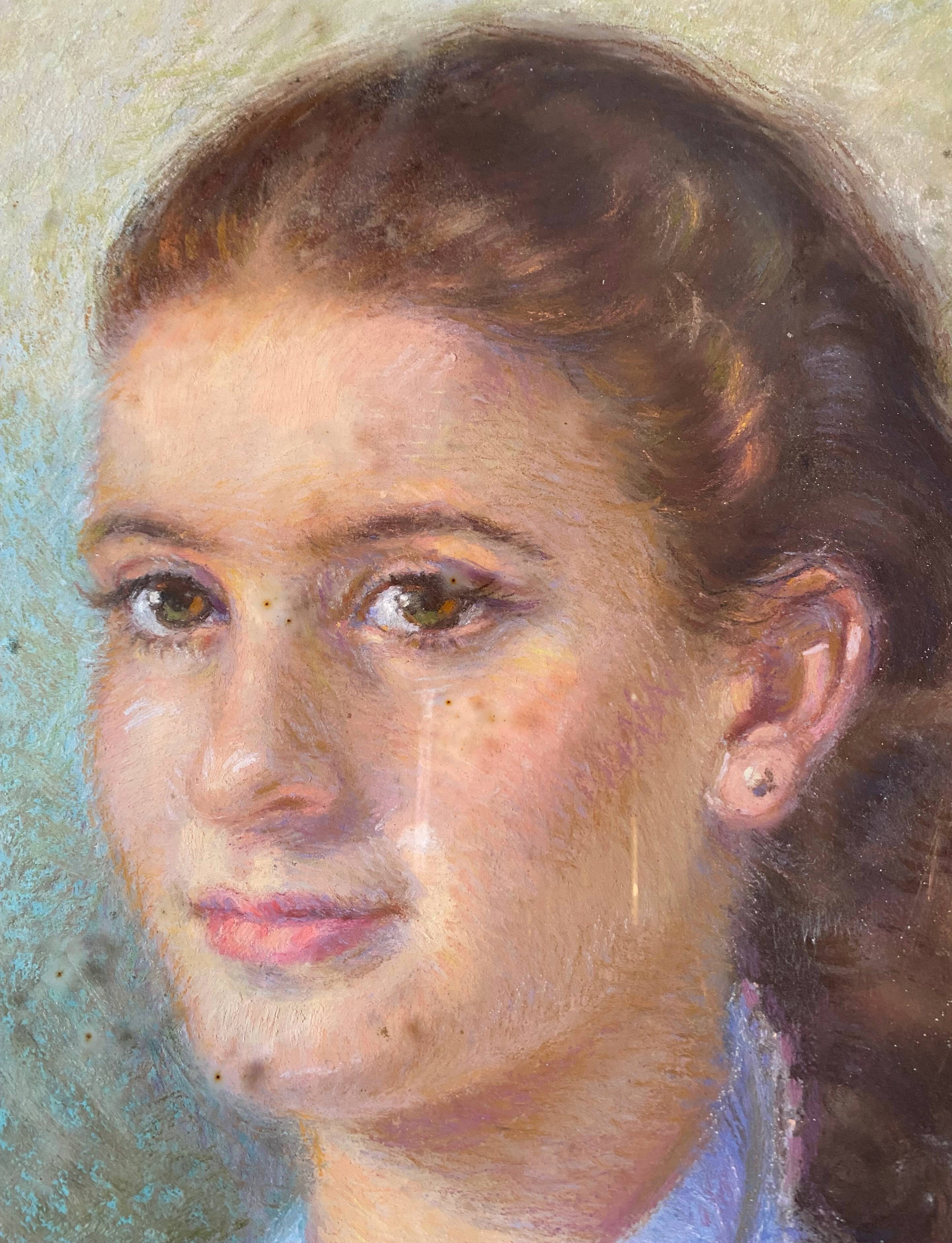 Painting "Young girl with pendant"" Pastel signed J. Macé around 1940 + frame