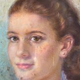 Painting "Young girl with pendant"" Pastel signed J. Macé around 1940 + frame