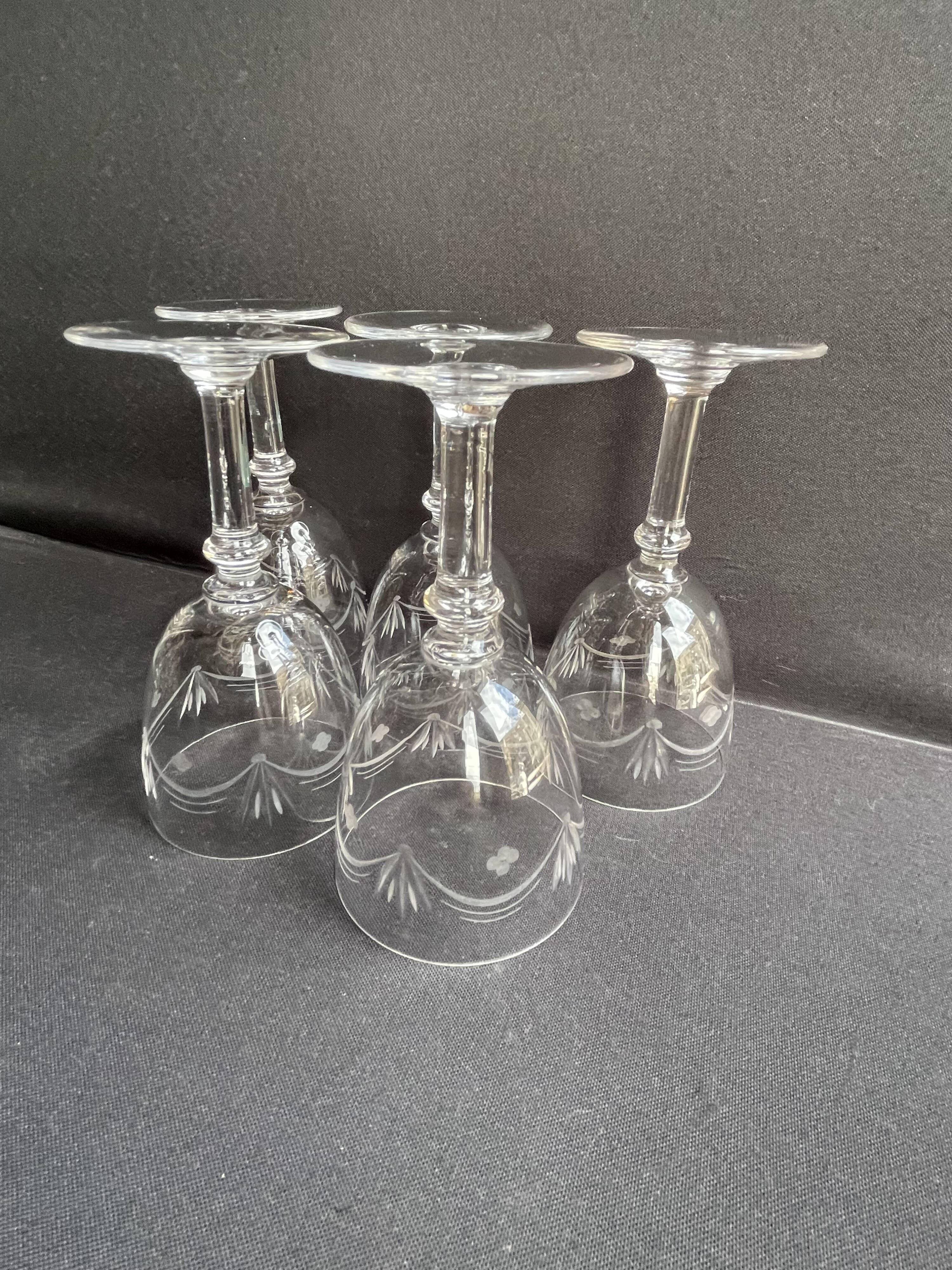 5 blown, cut and engraved crystal wine glasses